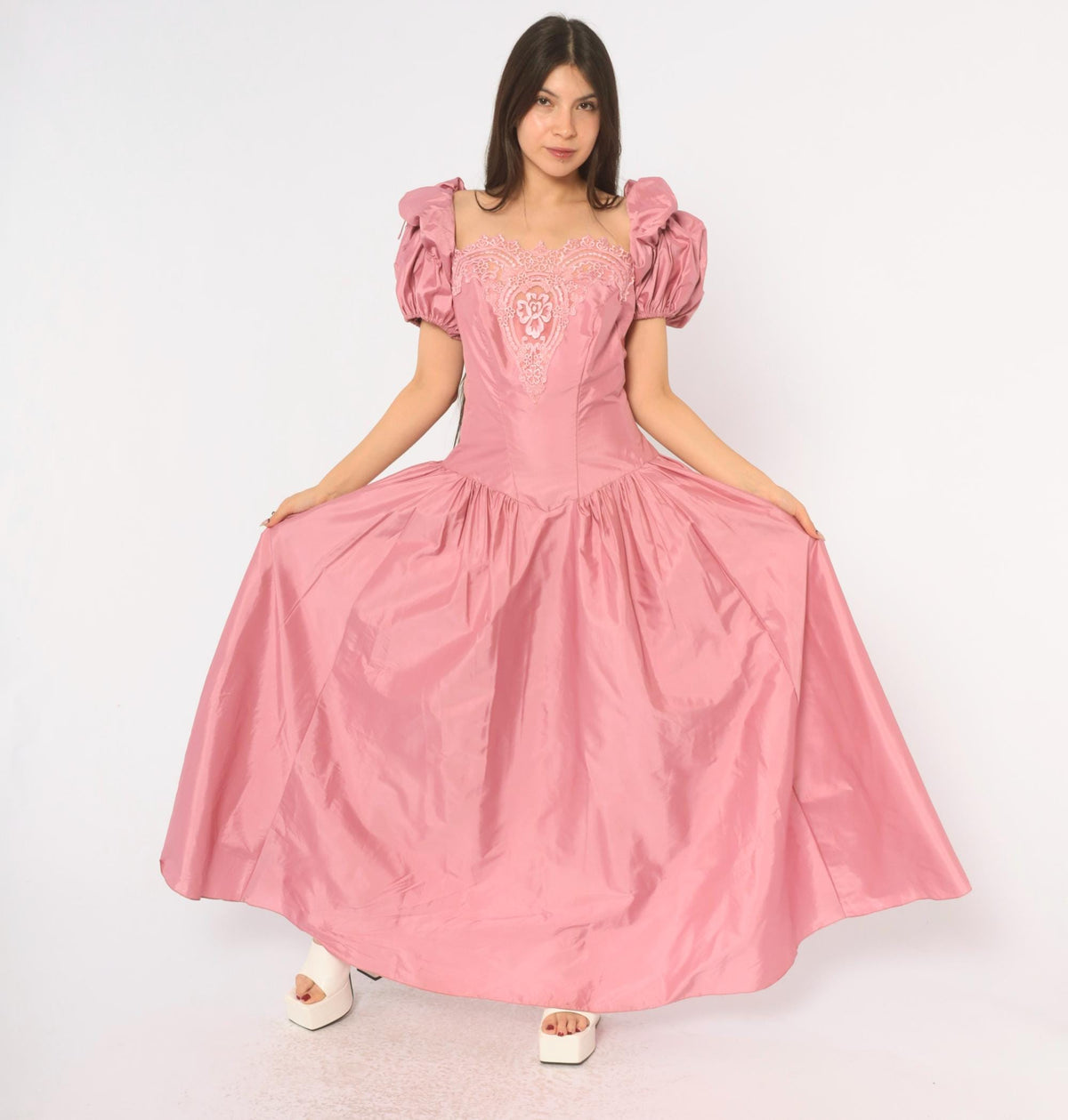 80s Dusty Rose Maxi Prom Dress Puff Sleeve Lace Applique Square Neck Large L