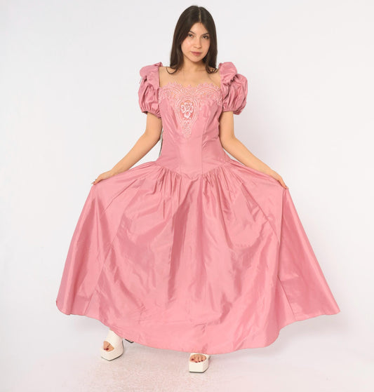 80s Dusty Rose Maxi Prom Dress Puff Sleeve Lace Applique Square Neck Large L