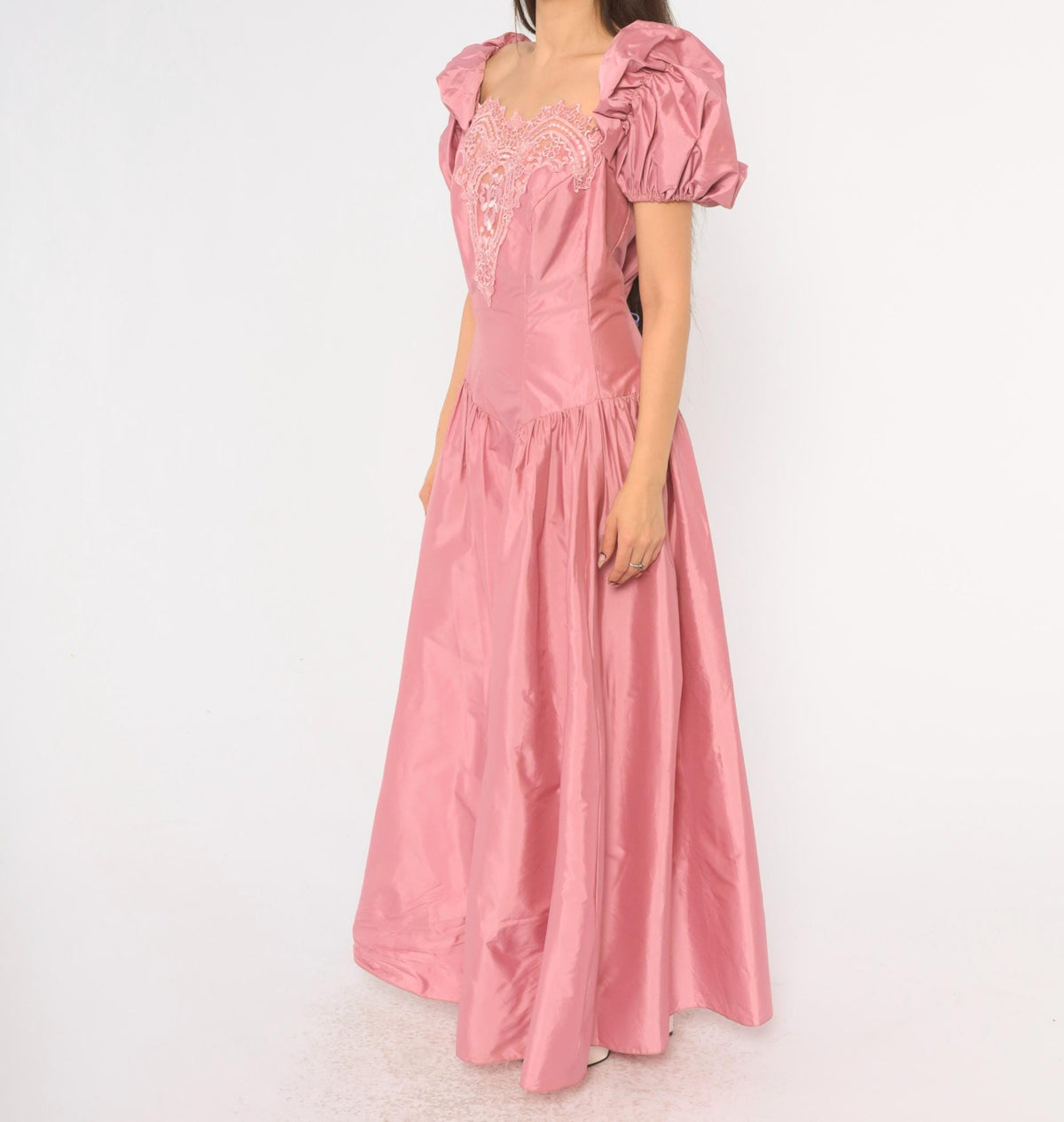 80s Dusty Rose Maxi Prom Dress Puff Sleeve Lace Applique Square Neck Large L