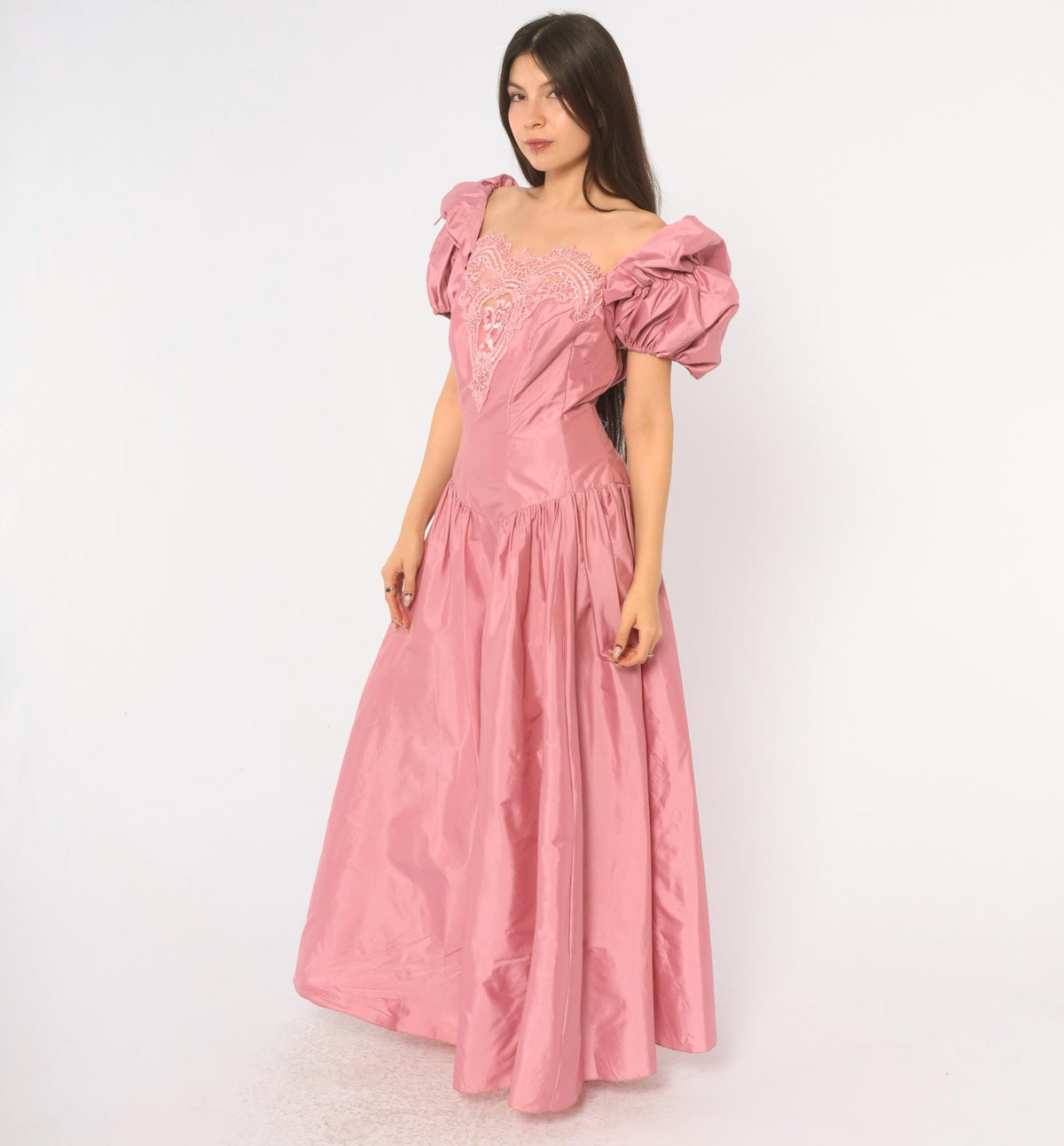 80s Dusty Rose Maxi Prom Dress Puff Sleeve Lace Applique Square Neck Large L