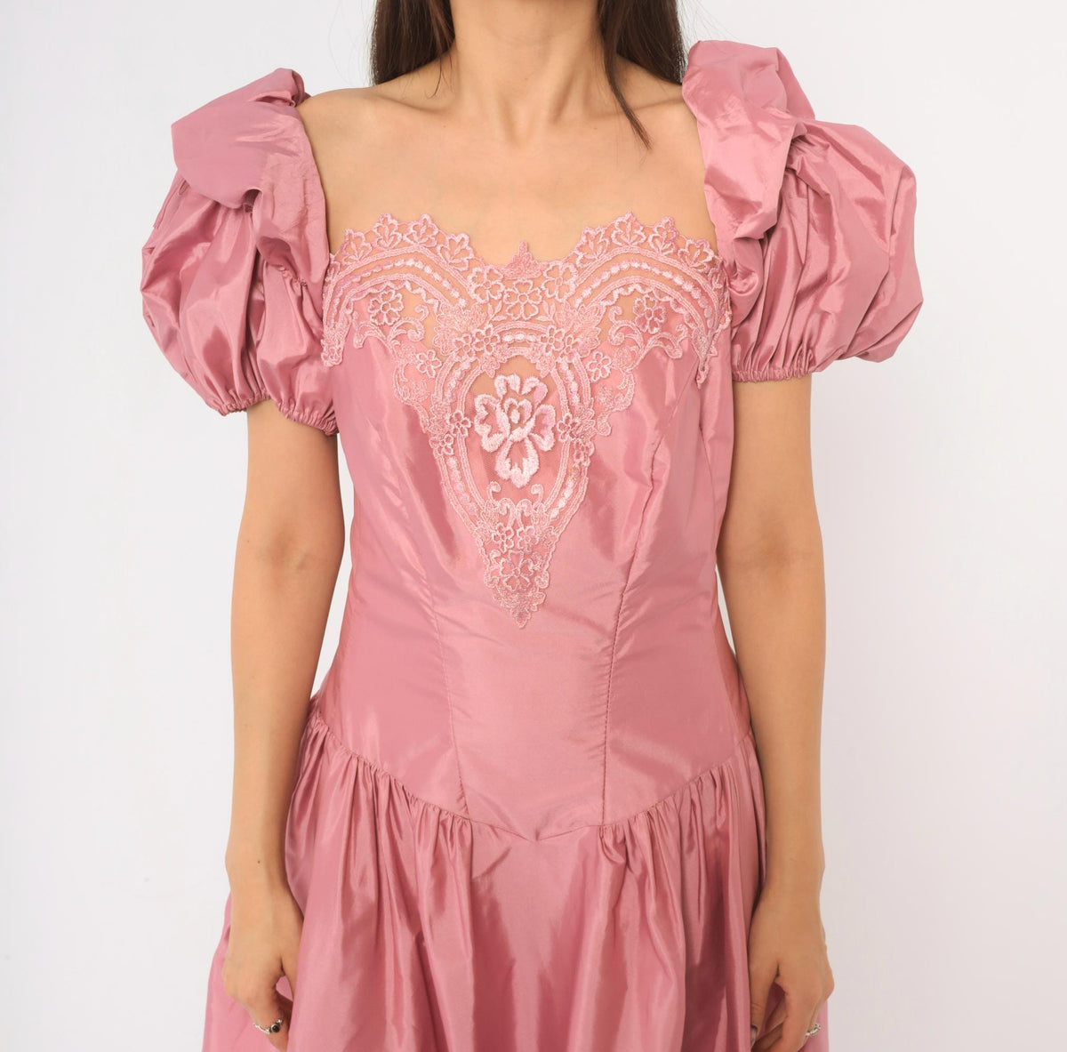 80s Dusty Rose Maxi Prom Dress Puff Sleeve Lace Applique Square Neck Large L