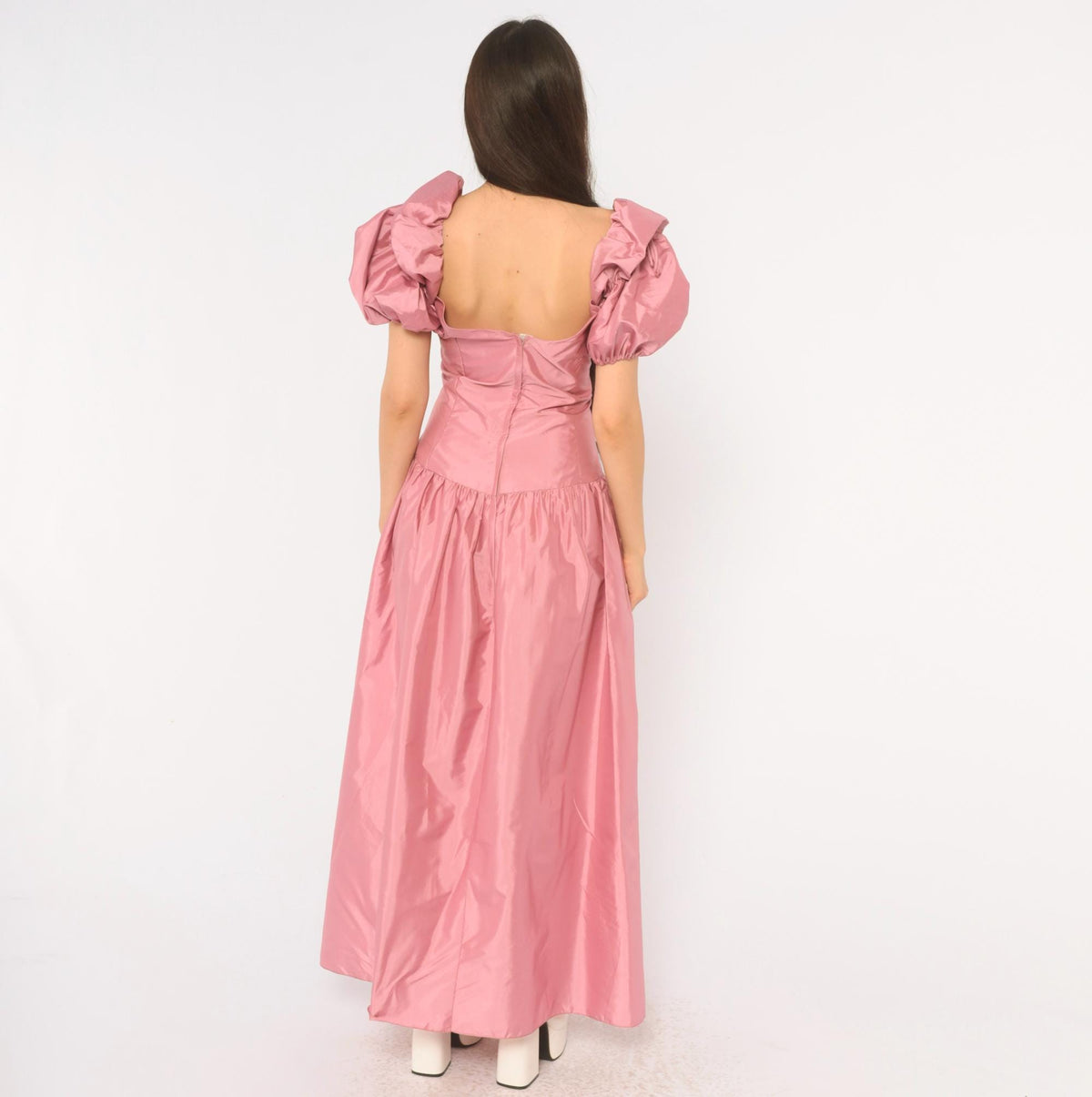 80s Dusty Rose Maxi Prom Dress Puff Sleeve Lace Applique Square Neck Large L