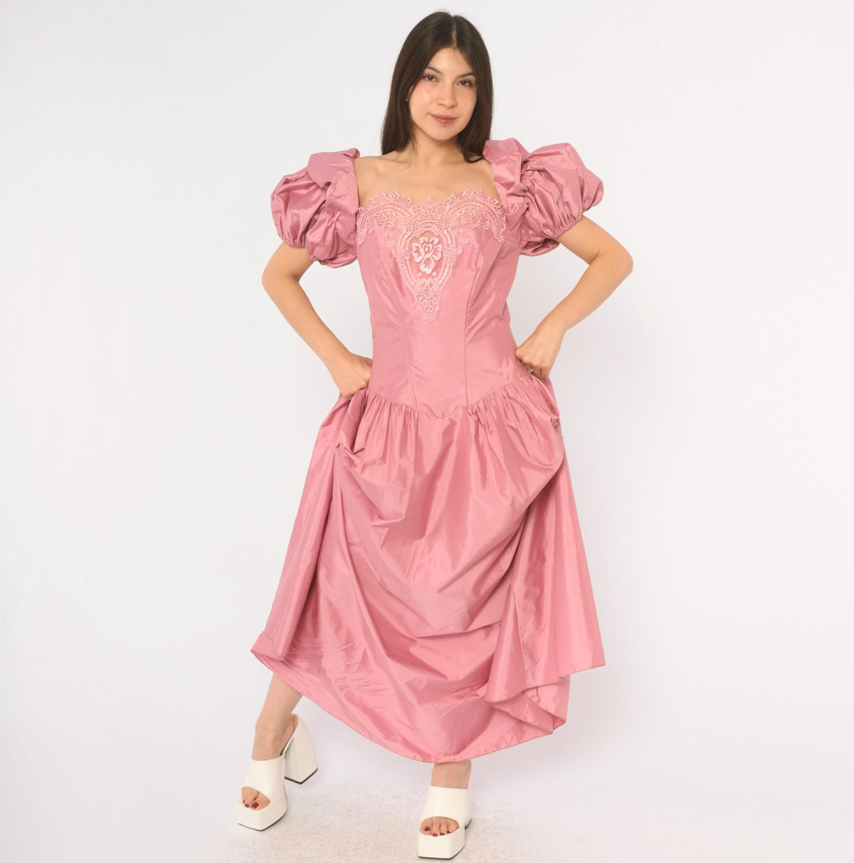 80s Dusty Rose Maxi Prom Dress Puff Sleeve Lace Applique Square Neck Large L