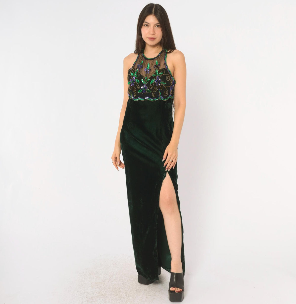 90s Roberta Emerald Green Velvet Maxi Dress Sequin Halter High Slit Small