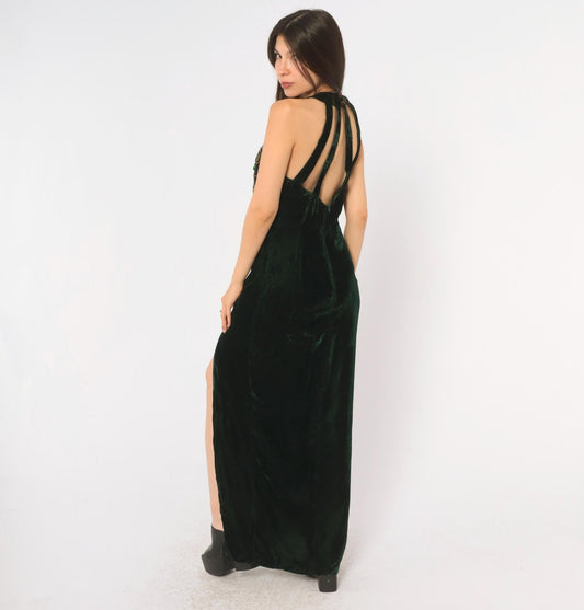90s Roberta Emerald Green Velvet Maxi Dress Sequin Halter High Slit Small