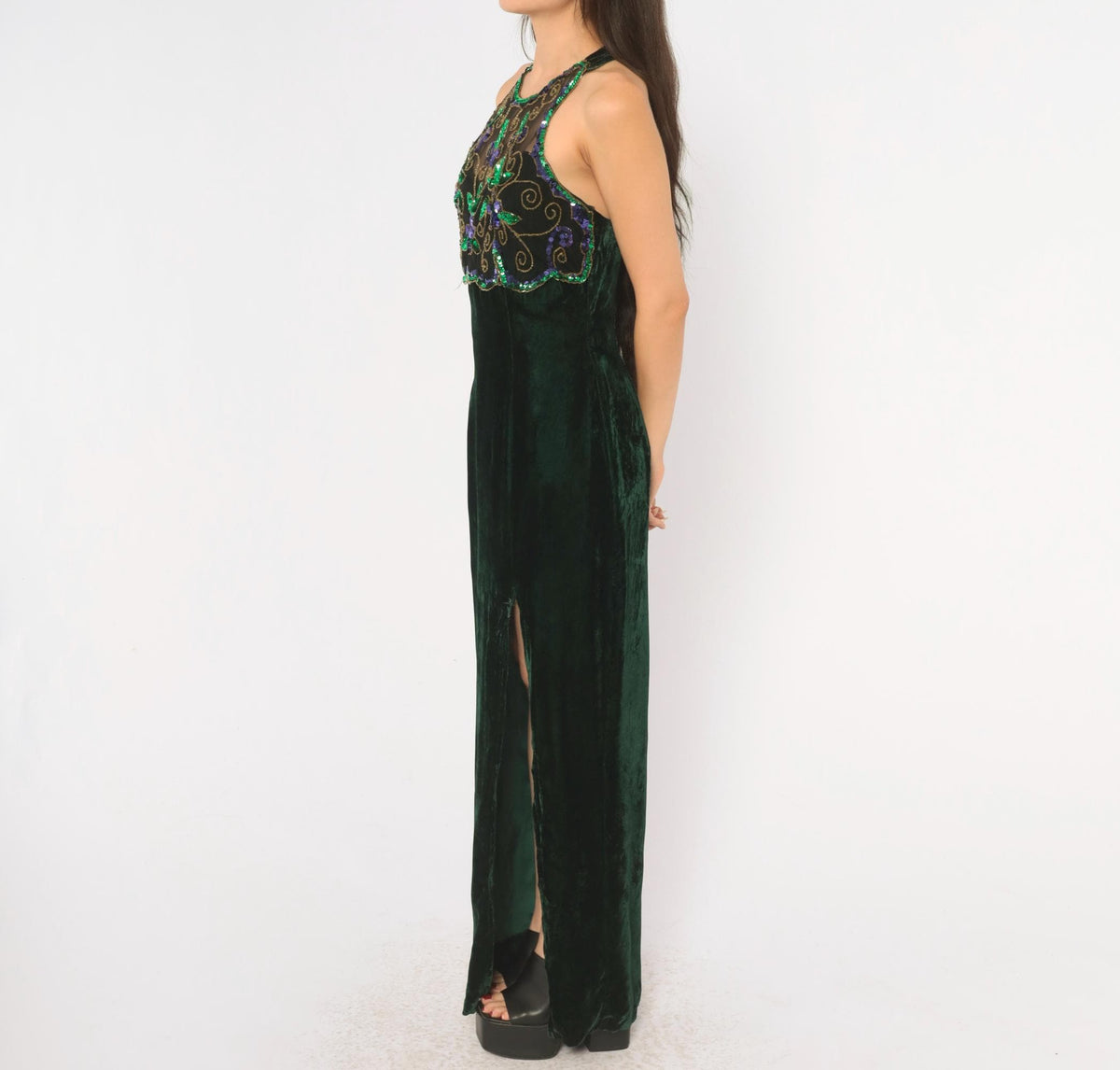 90s Roberta Emerald Green Velvet Maxi Dress Sequin Halter High Slit Small