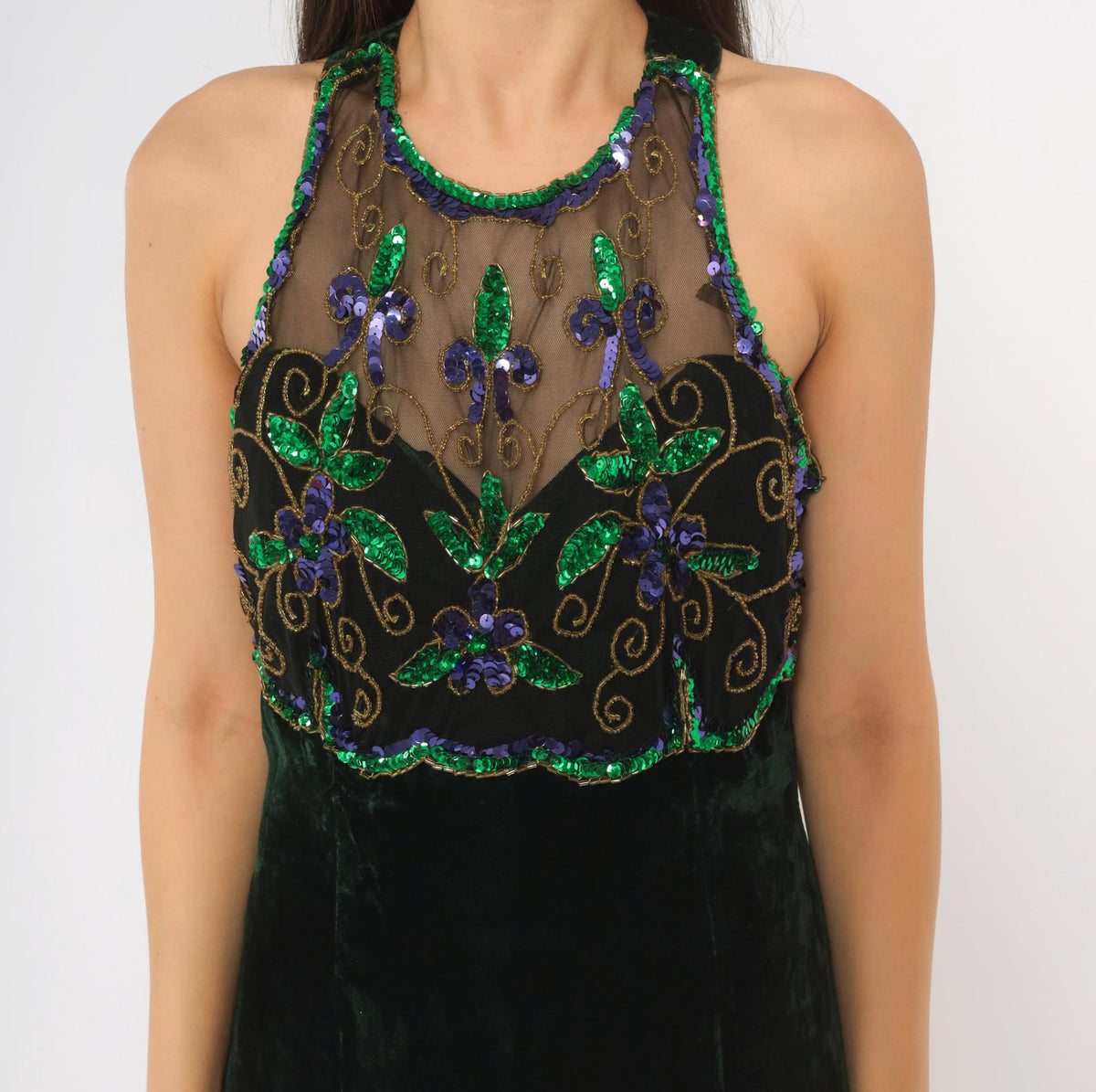 90s Roberta Emerald Green Velvet Maxi Dress Sequin Halter High Slit Small