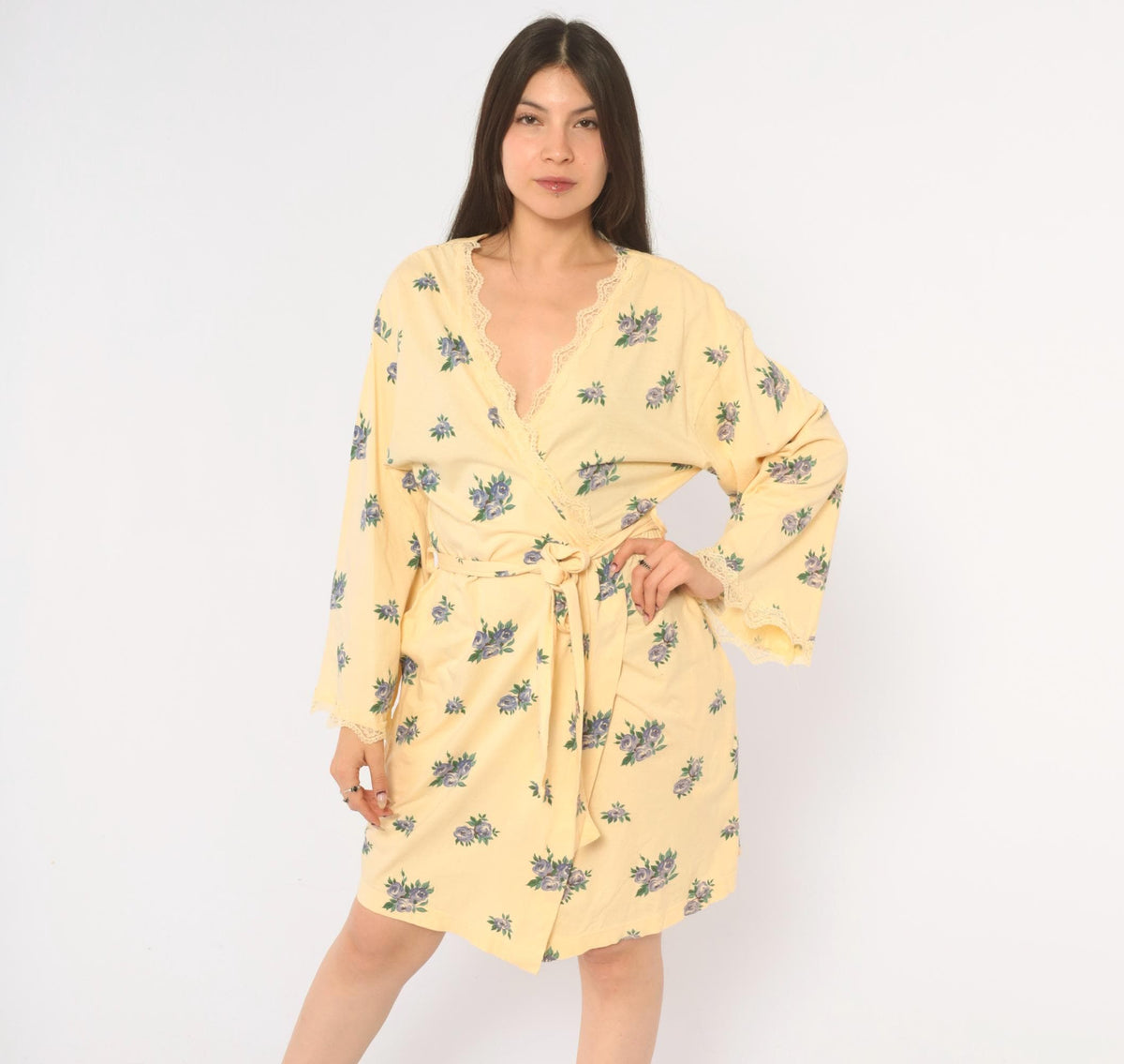 Y2K Victoria's Secret Yellow Floral Cotton Robe Mini Kimono Small S