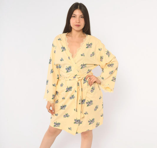 Y2K Victoria's Secret Yellow Floral Cotton Robe Mini Kimono Small S