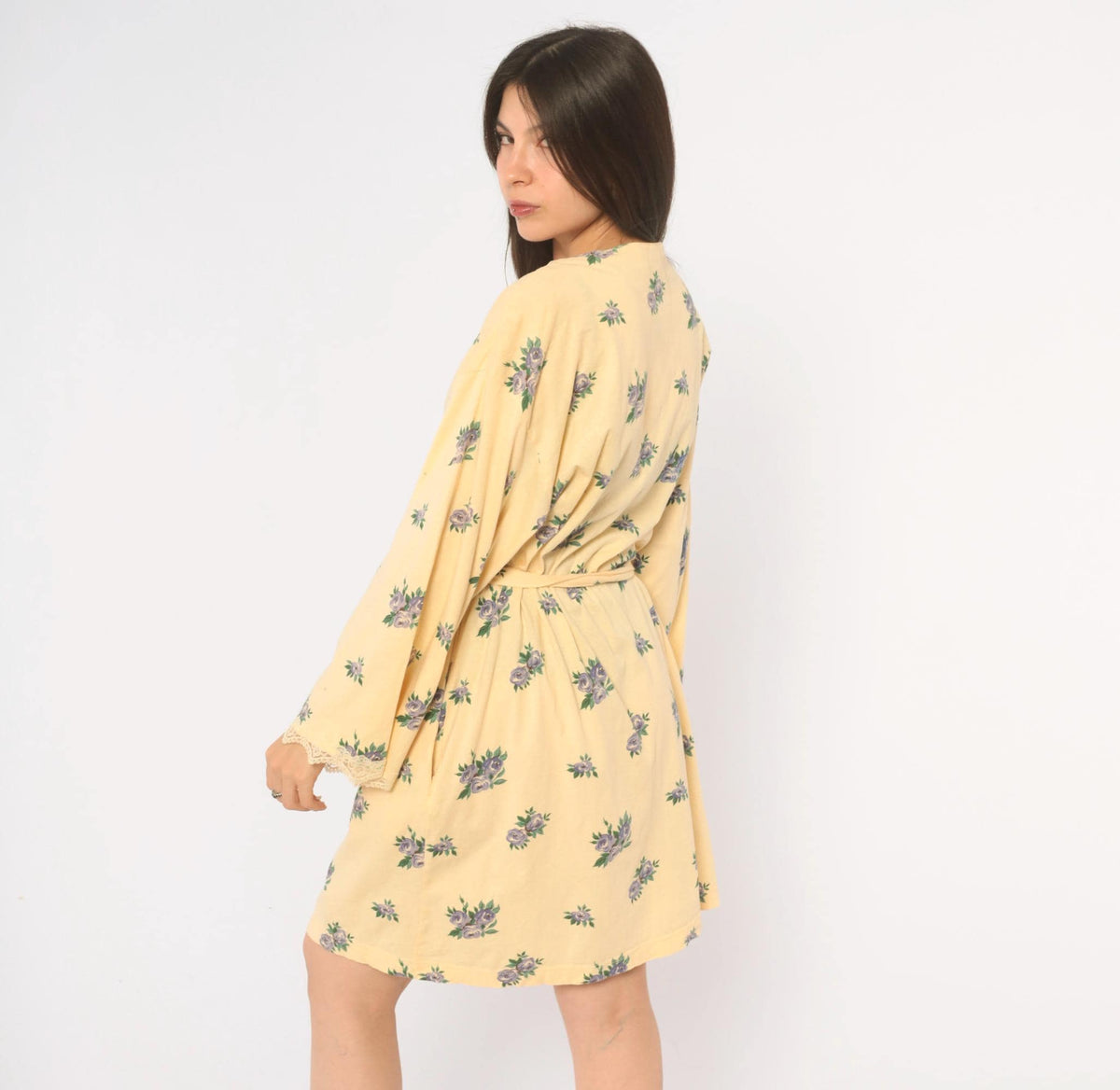 Y2K Victoria's Secret Yellow Floral Cotton Robe Mini Kimono Small S