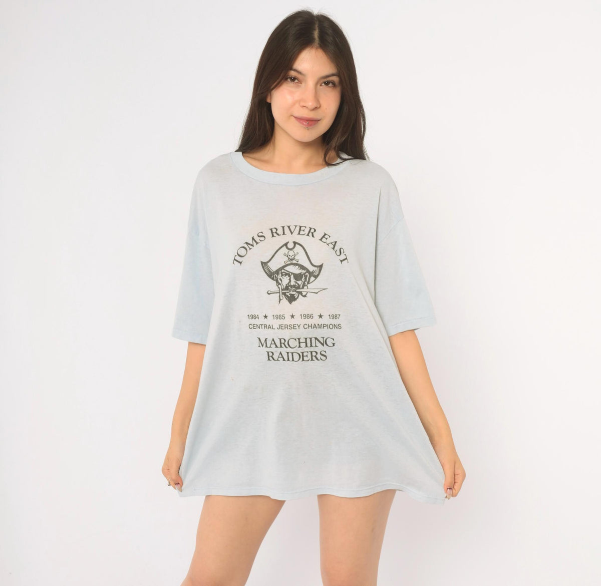 80s Toms River East Marching Raiders Graphic Tee Light Blue Pirate Skull Large