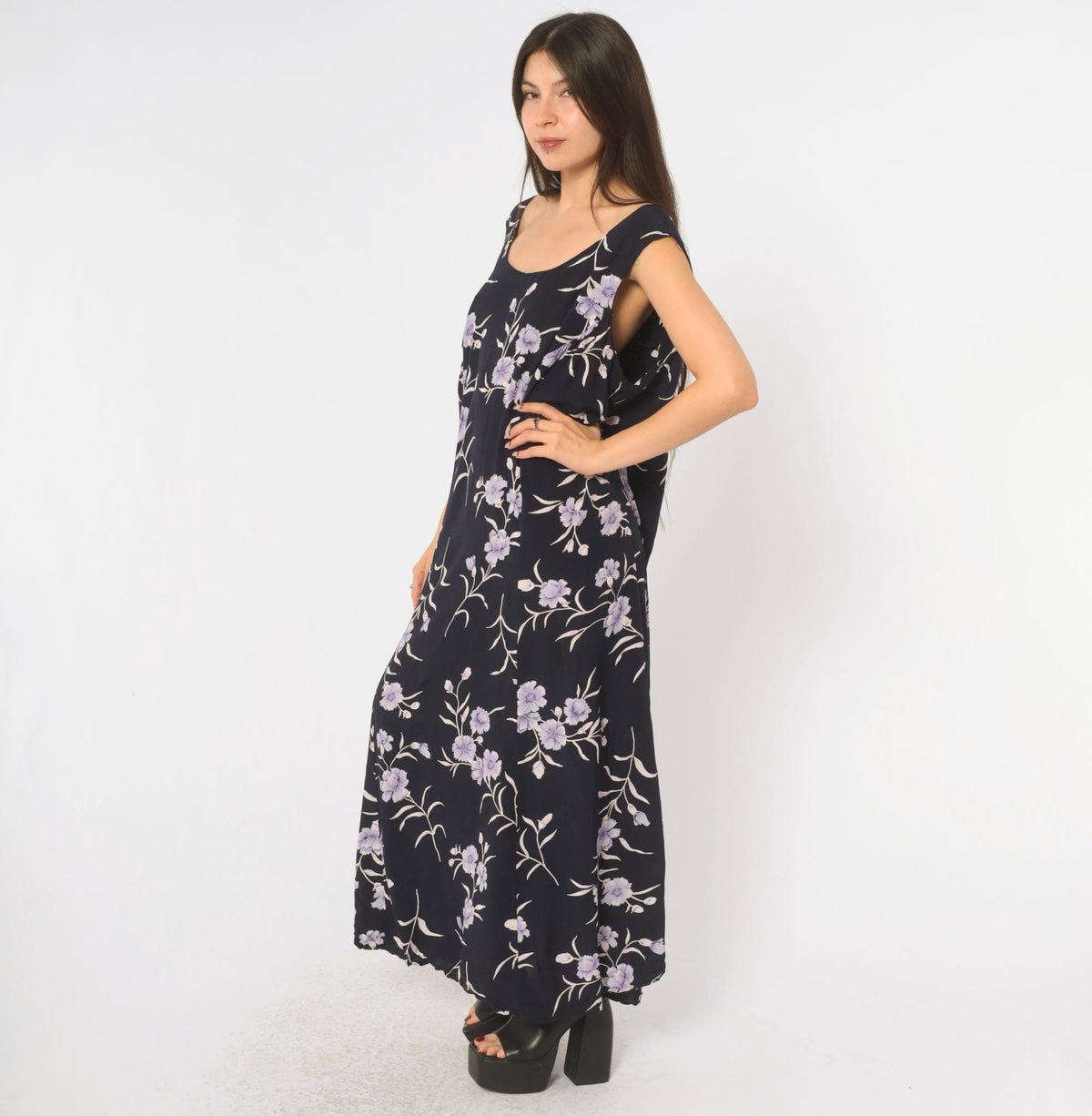 90s Navy Floral Maxi Dress Lavender Carnation Print Scoop Neck Extra Large