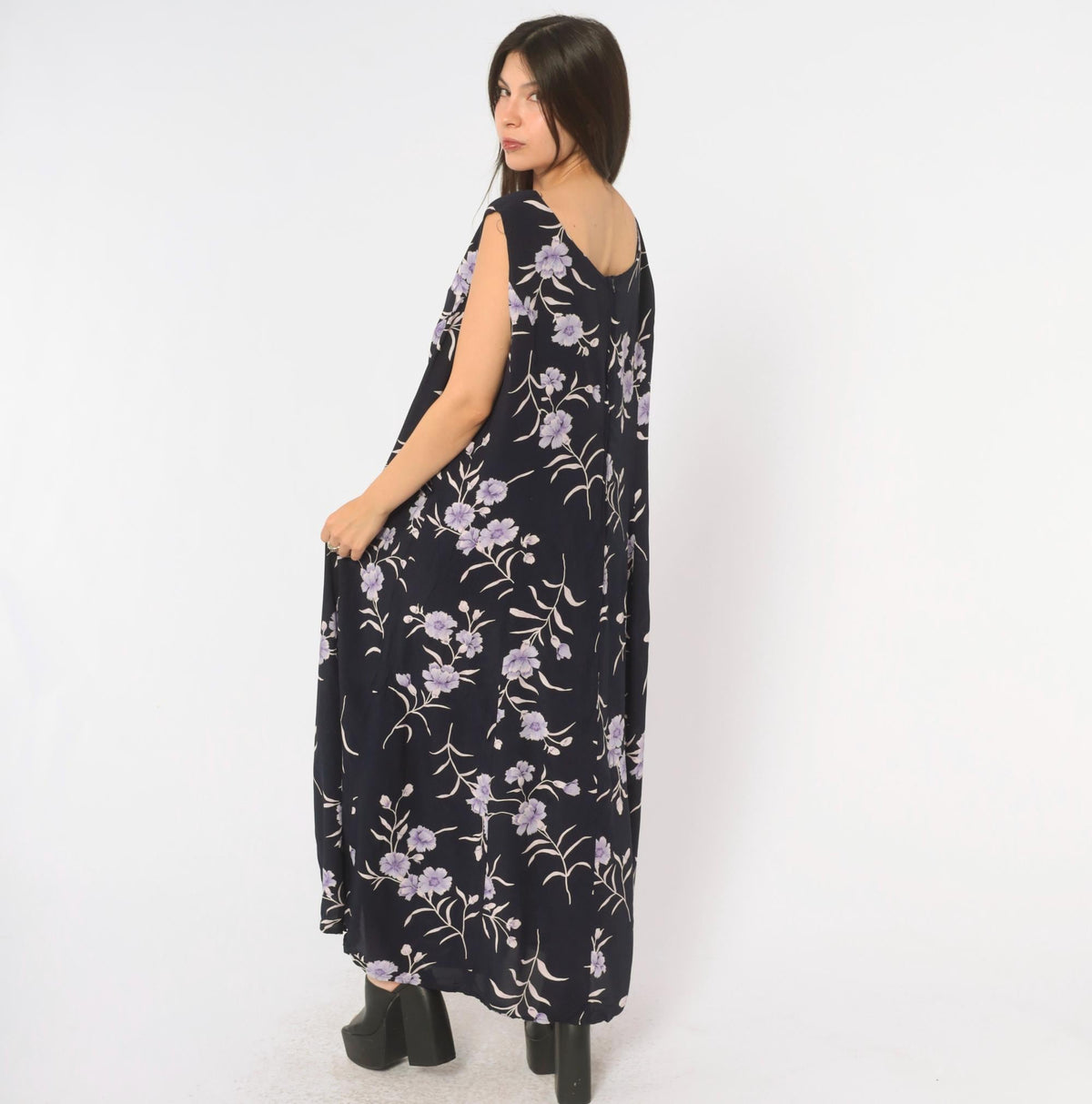 90s Navy Floral Maxi Dress Lavender Carnation Print Scoop Neck Extra Large