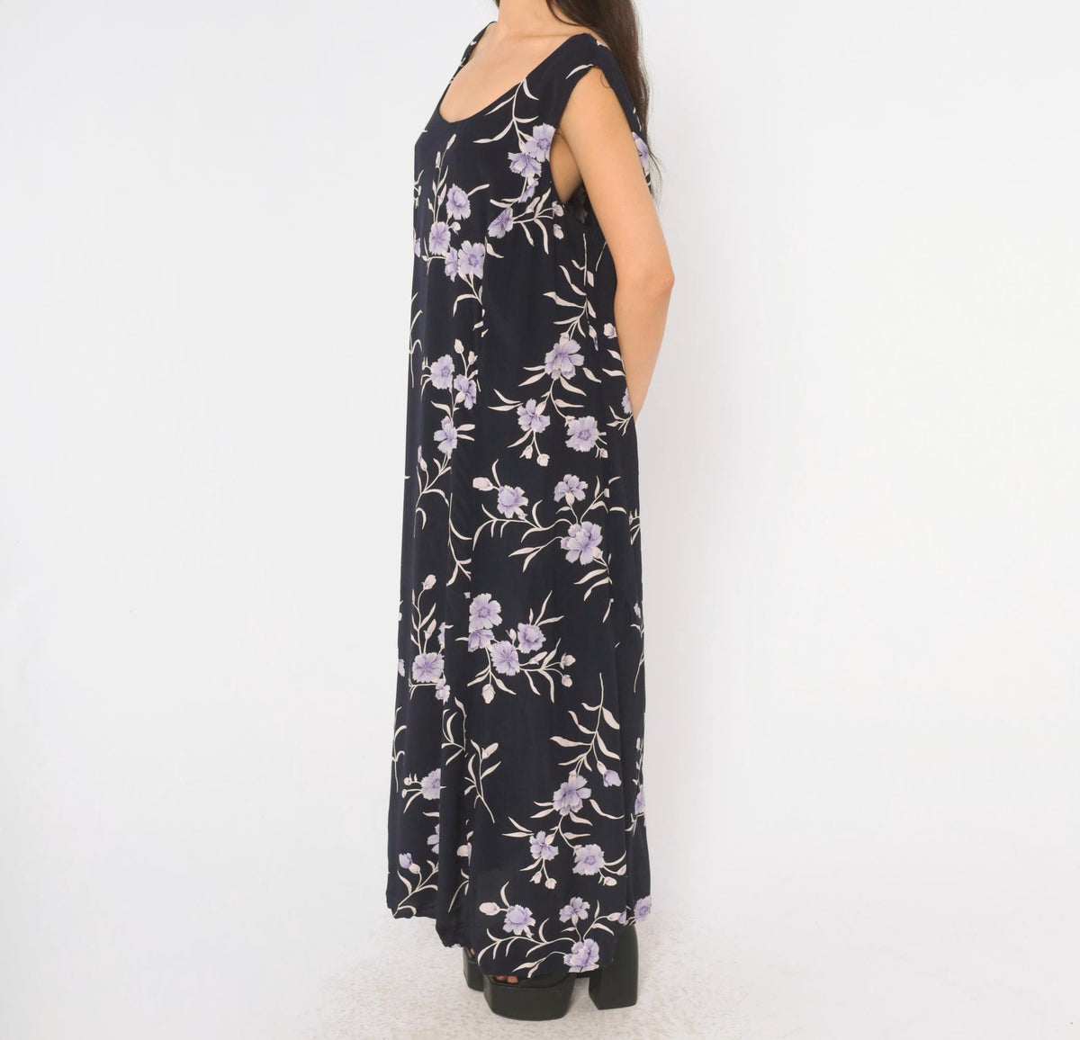 90s Navy Floral Maxi Dress Lavender Carnation Print Scoop Neck Extra Large