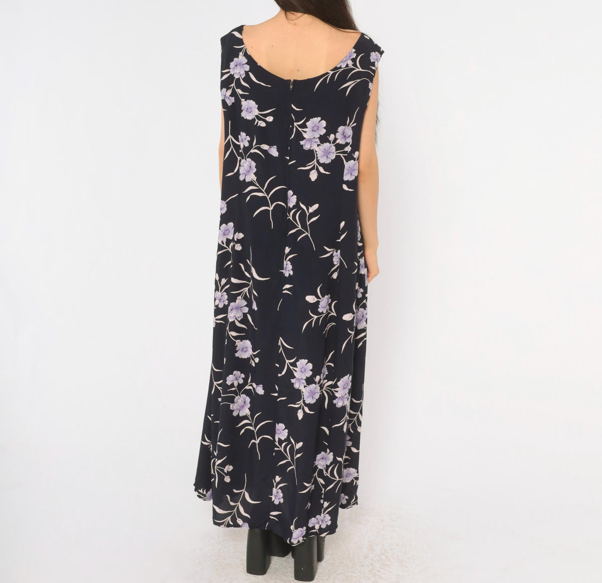90s Navy Floral Maxi Dress Lavender Carnation Print Scoop Neck Extra Large