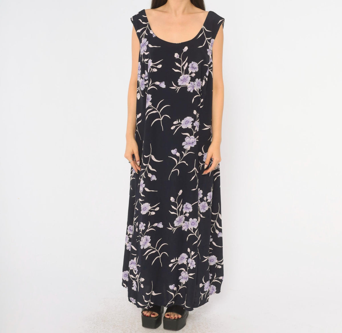 90s Navy Floral Maxi Dress Lavender Carnation Print Scoop Neck Extra Large