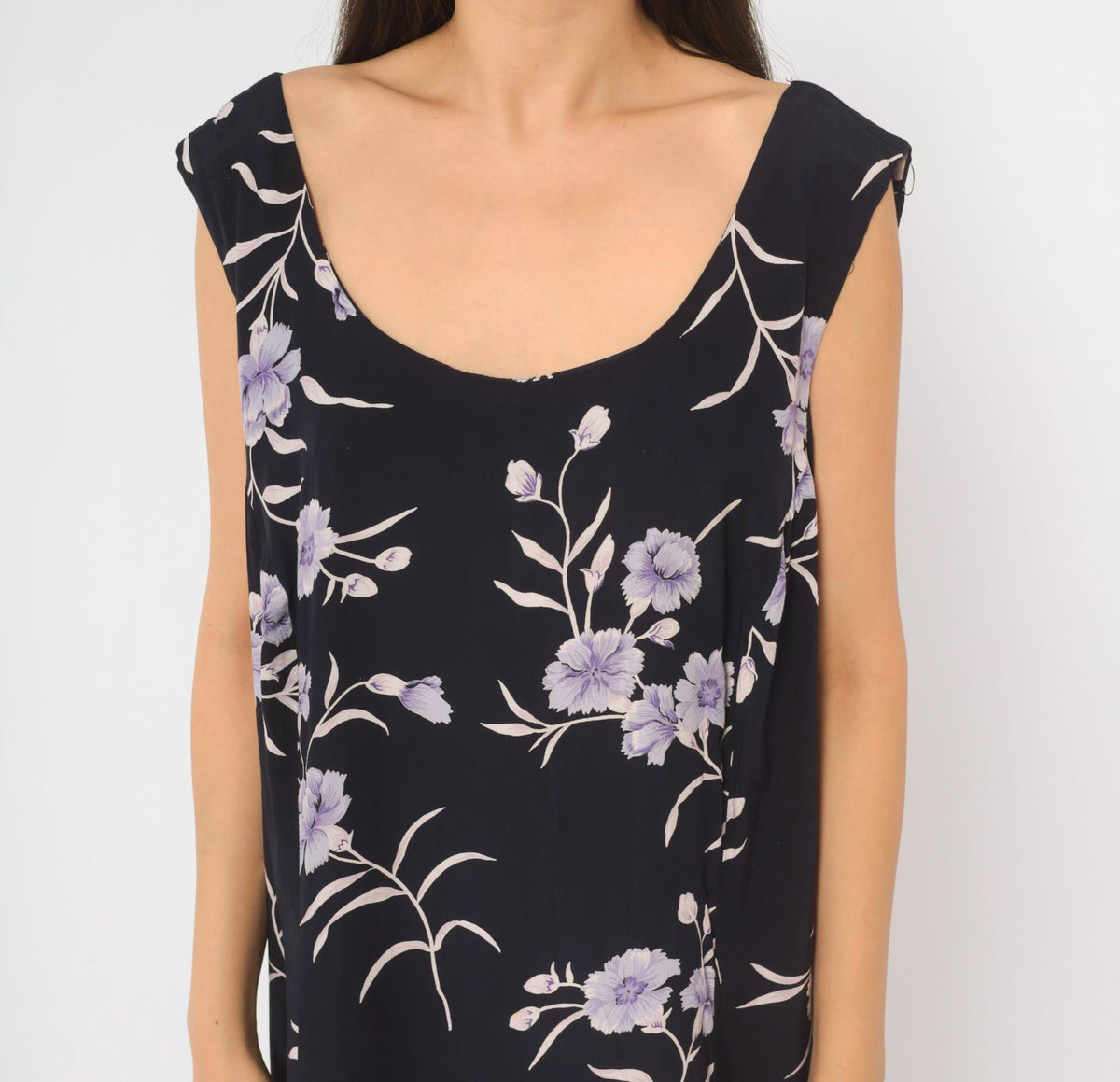 90s Navy Floral Maxi Dress Lavender Carnation Print Scoop Neck Extra Large