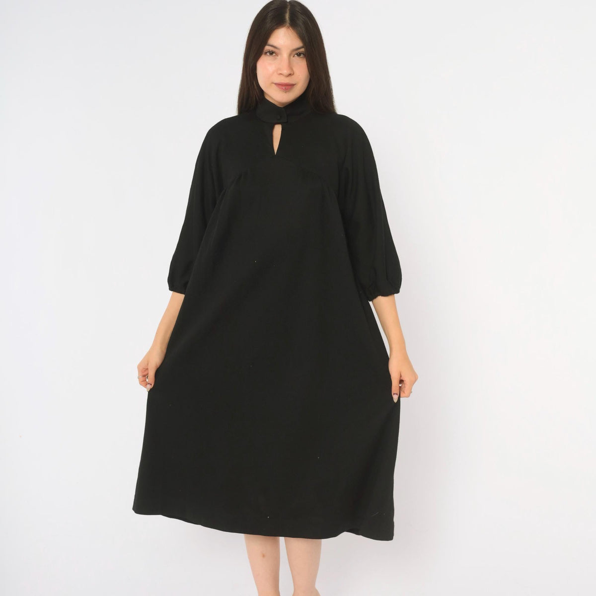 70s Carole King Black Wool Dress Mock Neck Puff Sleeve A-Line Small