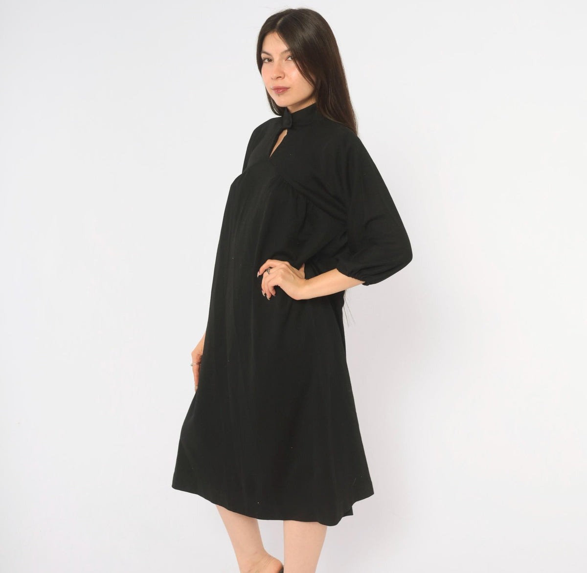 70s Carole King Black Wool Dress Mock Neck Puff Sleeve A-Line Small