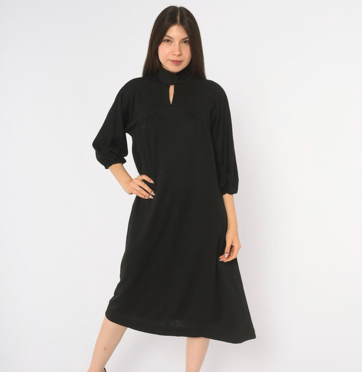 70s Carole King Black Wool Dress Mock Neck Puff Sleeve A-Line Small