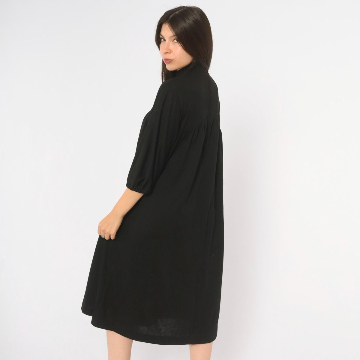 70s Carole King Black Wool Dress Mock Neck Puff Sleeve A-Line Small