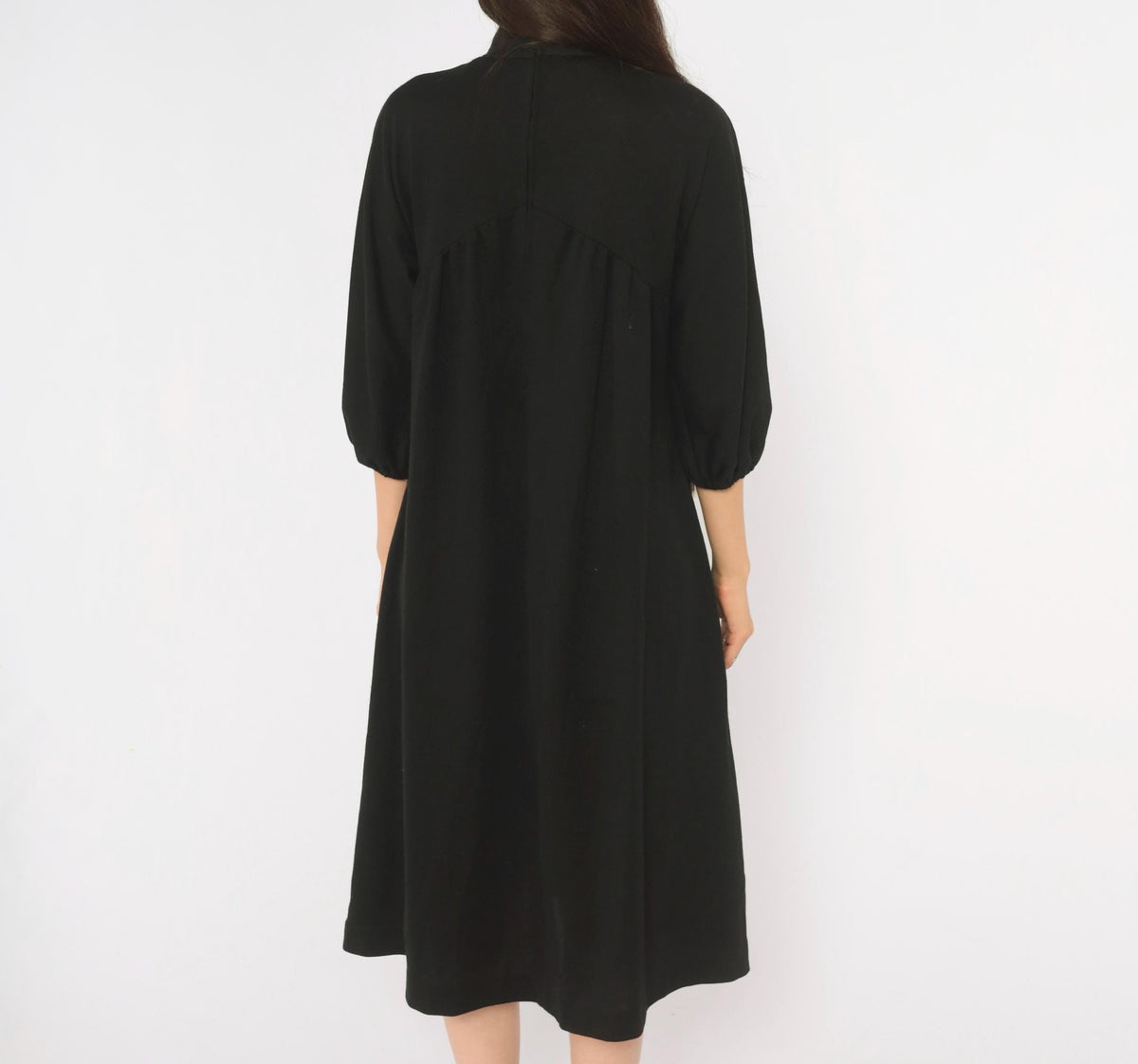 70s Carole King Black Wool Dress Mock Neck Puff Sleeve A-Line Small