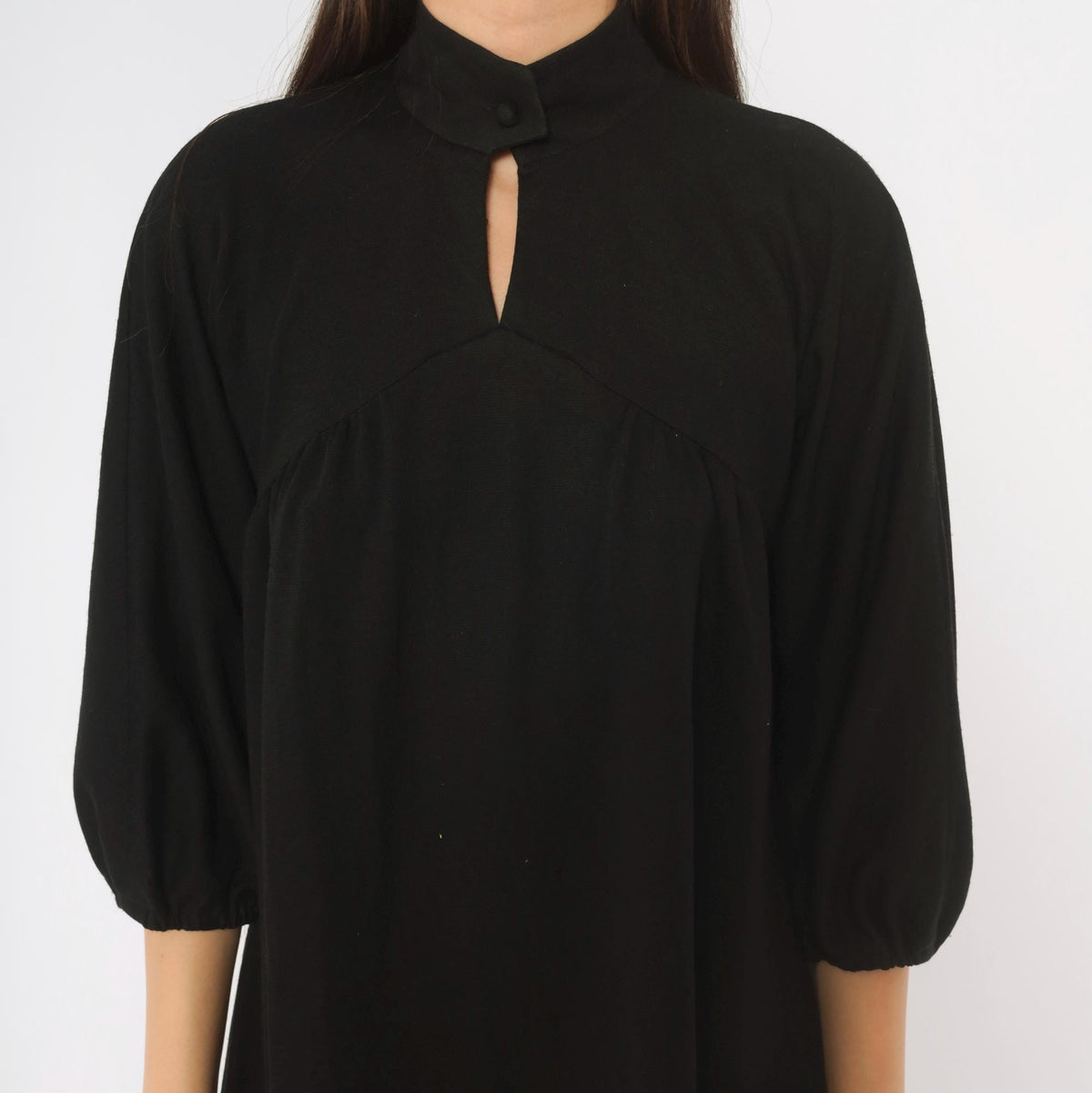 70s Carole King Black Wool Dress Mock Neck Puff Sleeve A-Line Small