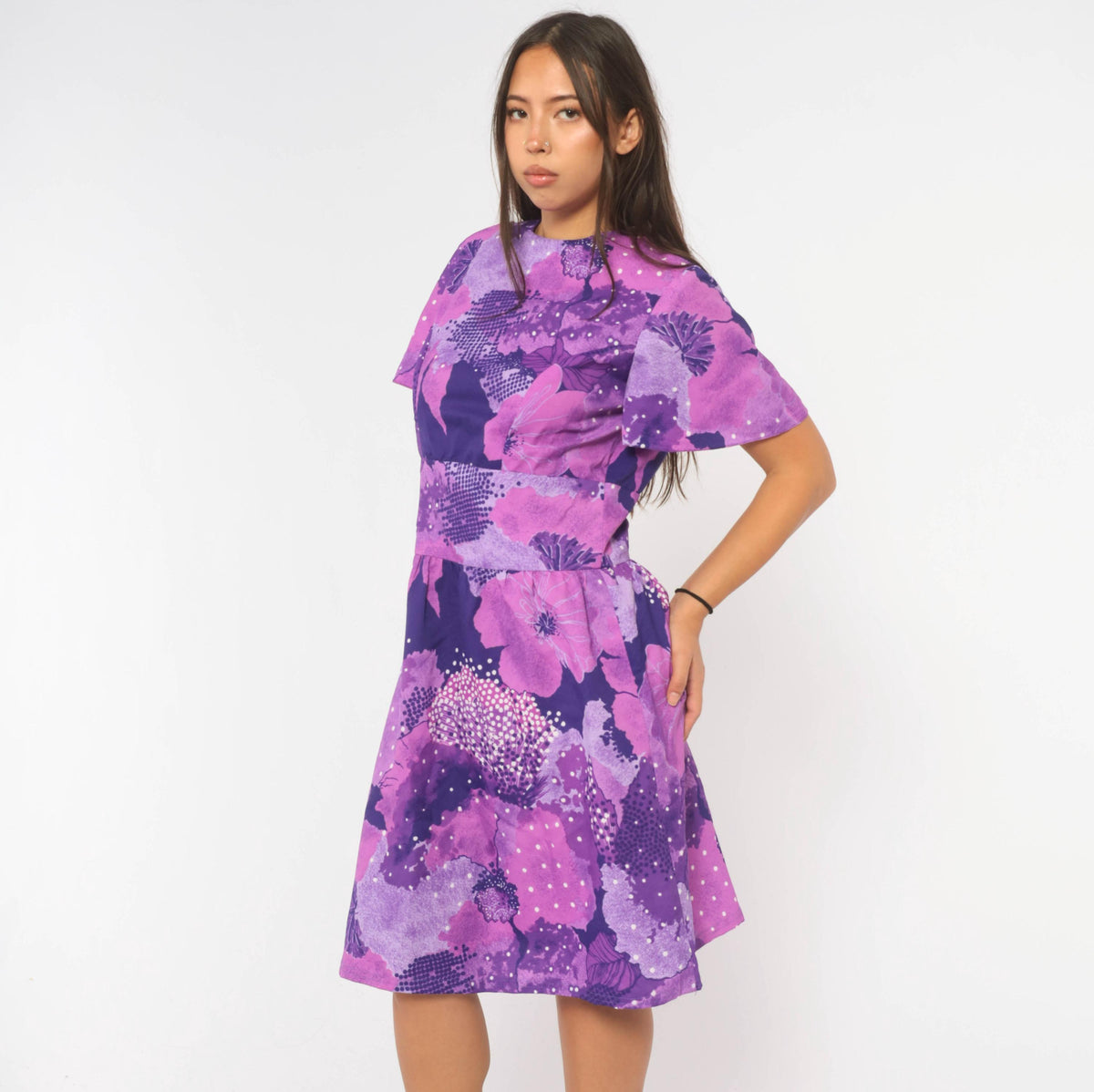 70s Purple Floral Abstract Print Dress Knee-Length Short Sleeve Large L