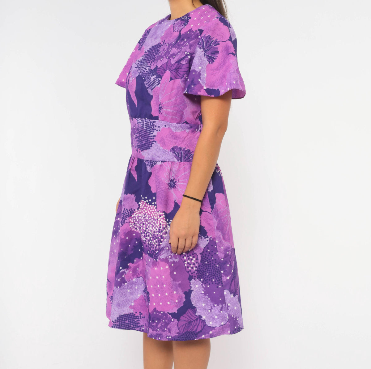 70s Purple Floral Abstract Print Dress Knee-Length Short Sleeve Large L