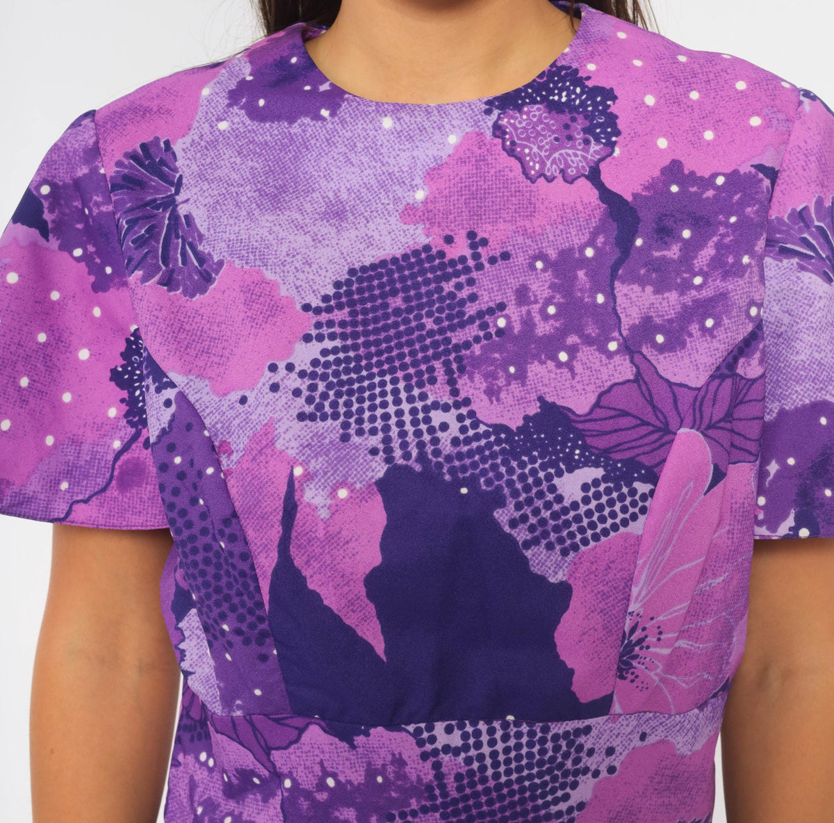 70s Purple Floral Abstract Print Dress Knee-Length Short Sleeve Large L