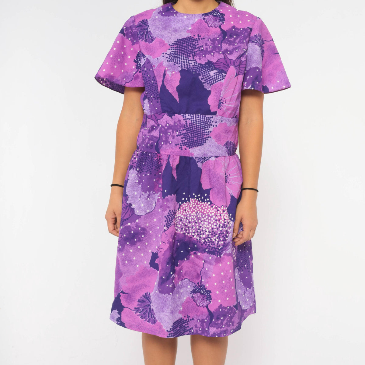 70s Purple Floral Abstract Print Dress Knee-Length Short Sleeve Large L