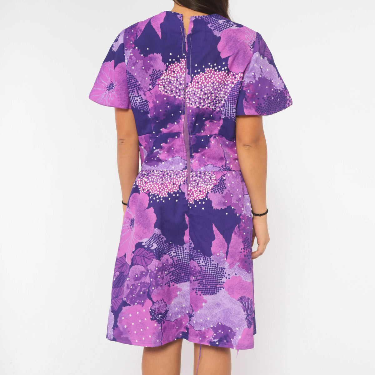 70s Purple Floral Abstract Print Dress Knee-Length Short Sleeve Large L