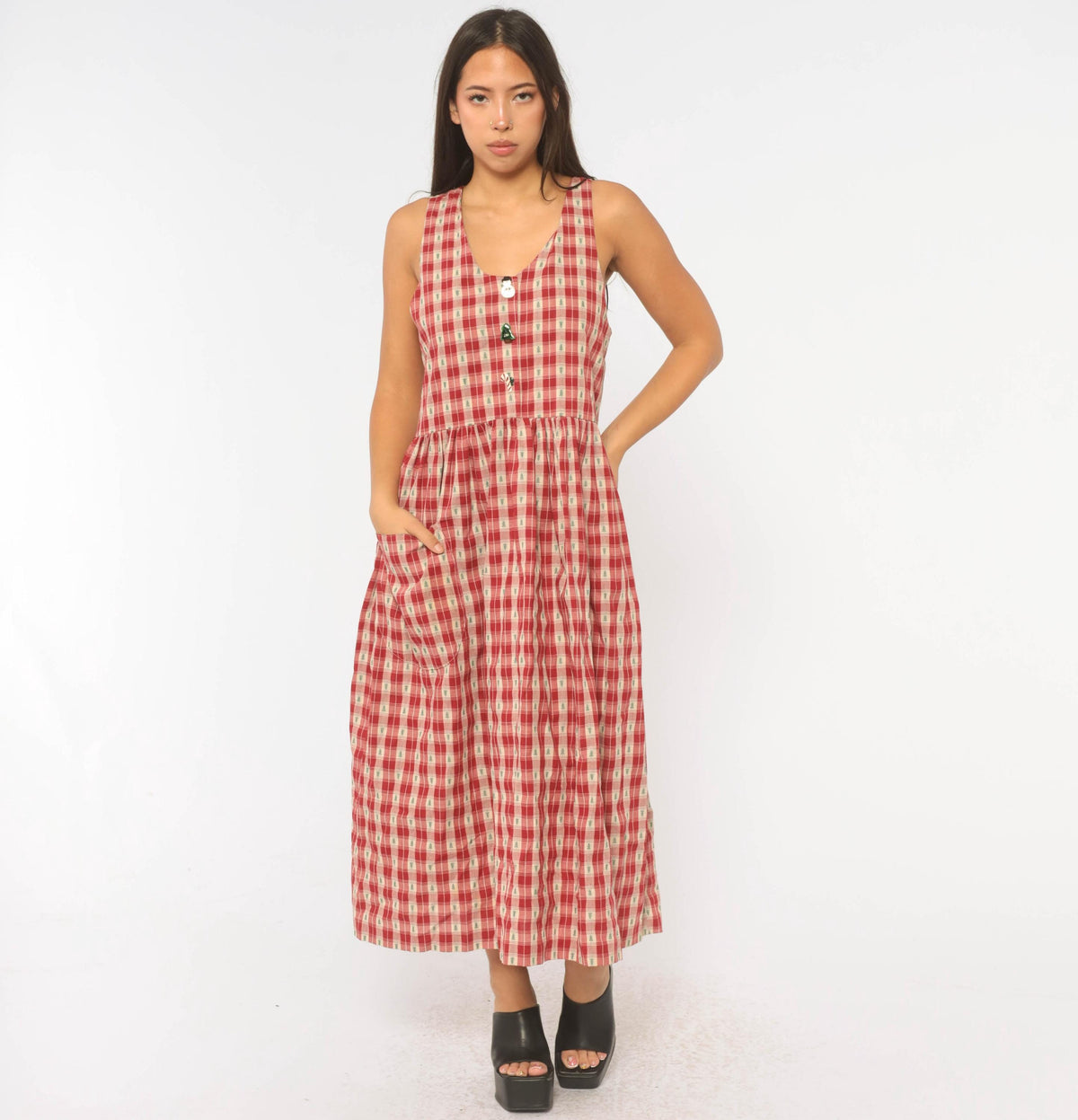 80s USA Hearts and Stitches Christmas Plaid Midi Dress Cream Red Small