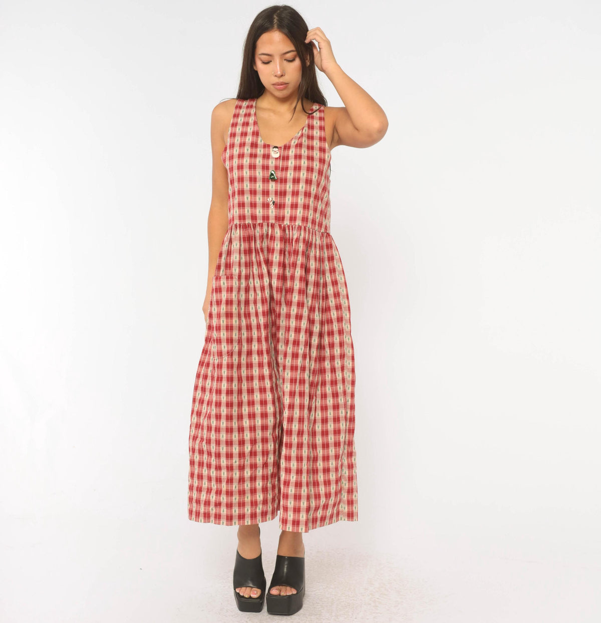 80s USA Hearts and Stitches Christmas Plaid Midi Dress Cream Red Small