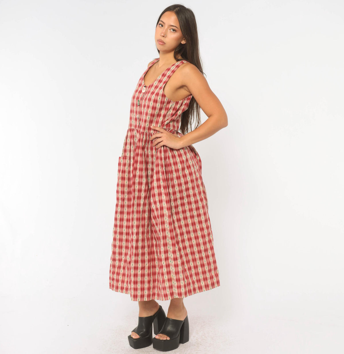 80s USA Hearts and Stitches Christmas Plaid Midi Dress Cream Red Small