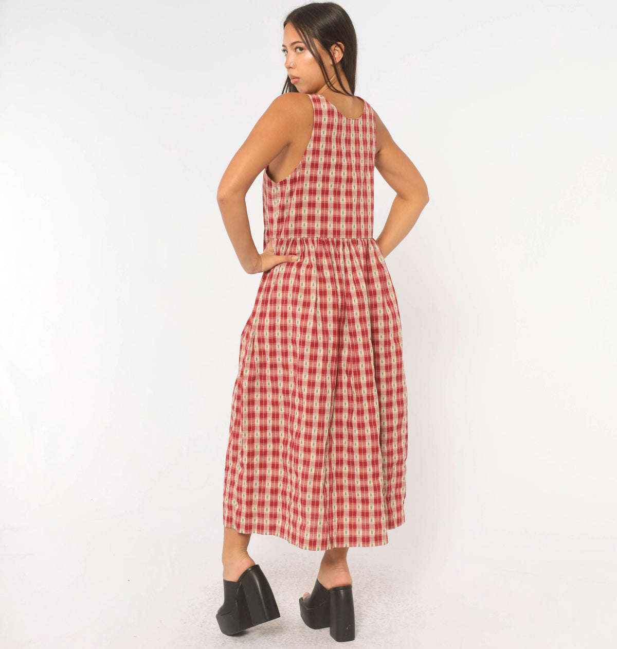 80s USA Hearts and Stitches Christmas Plaid Midi Dress Cream Red Small