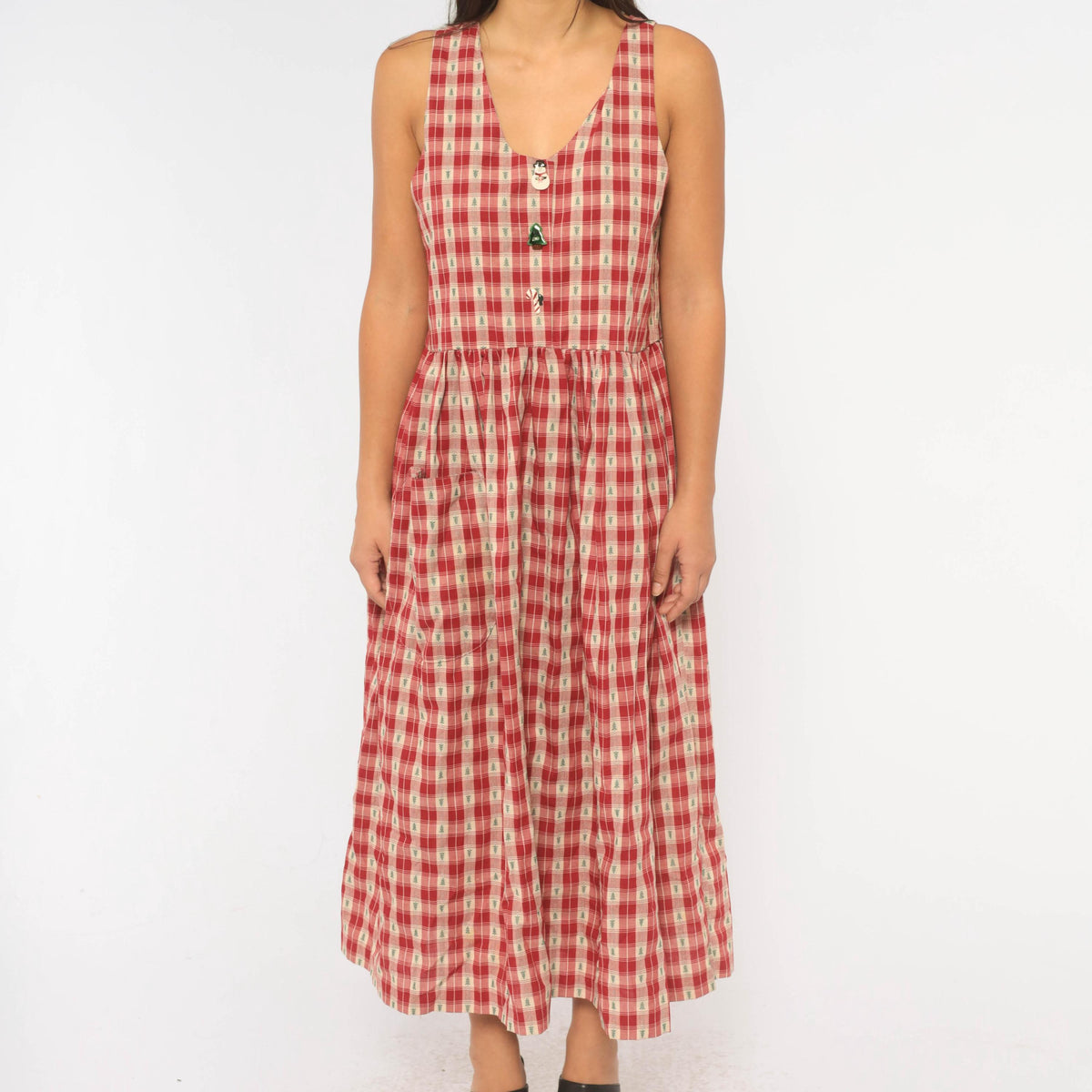 80s USA Hearts and Stitches Christmas Plaid Midi Dress Cream Red Small