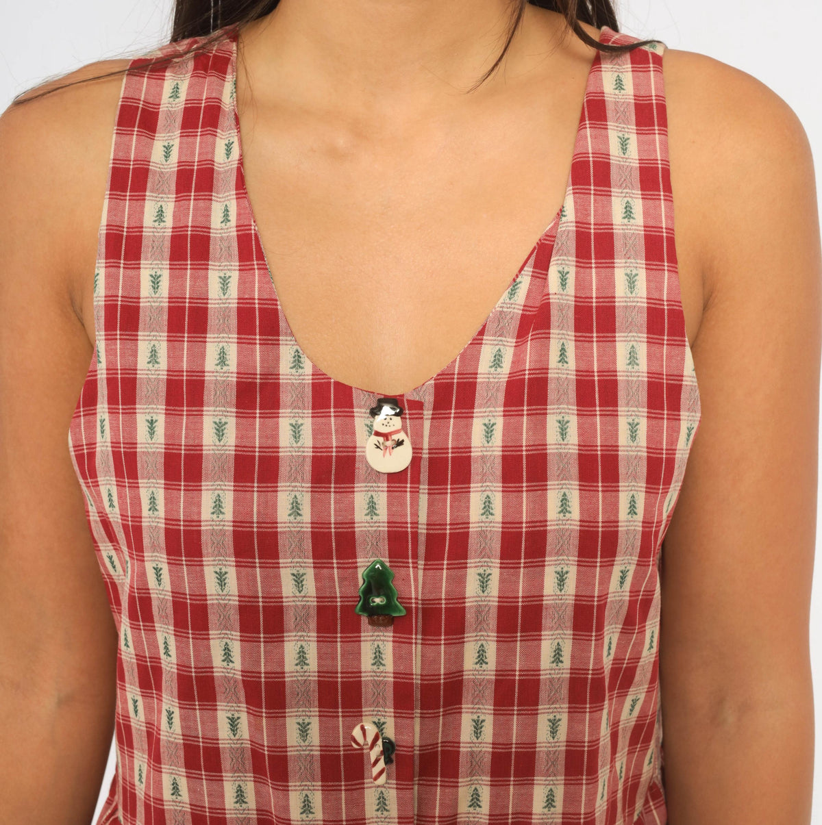 80s USA Hearts and Stitches Christmas Plaid Midi Dress Cream Red Small