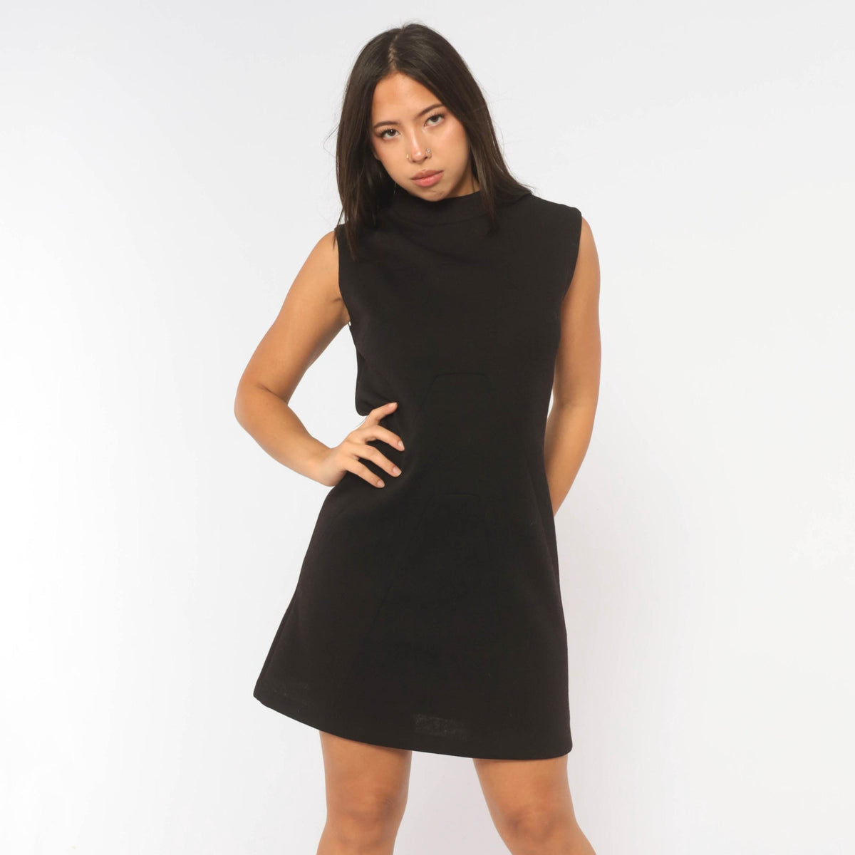 60s Black Wool Shift Dress Mock Neck A-Line Geometric Seam Bleeker Street Medium M