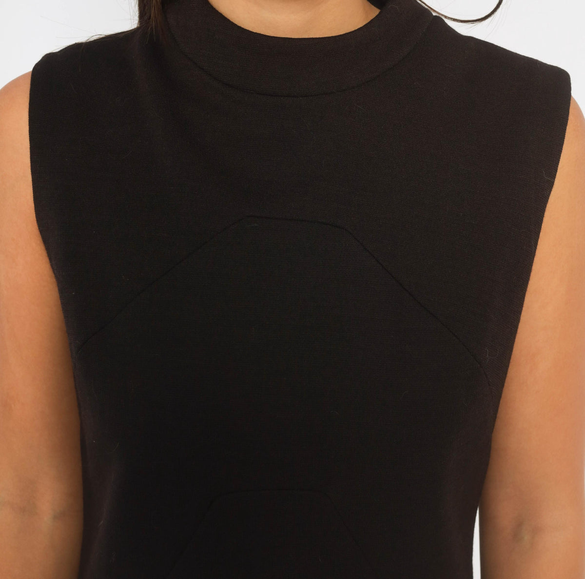 60s Black Wool Shift Dress Mock Neck A-Line Geometric Seam Bleeker Street Medium M