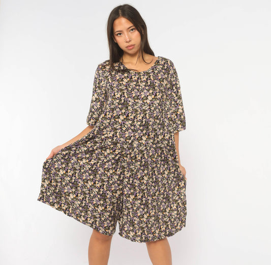 90s High Advantage Floral Romper Black Purple Ditsy Print Wide Leg Large L