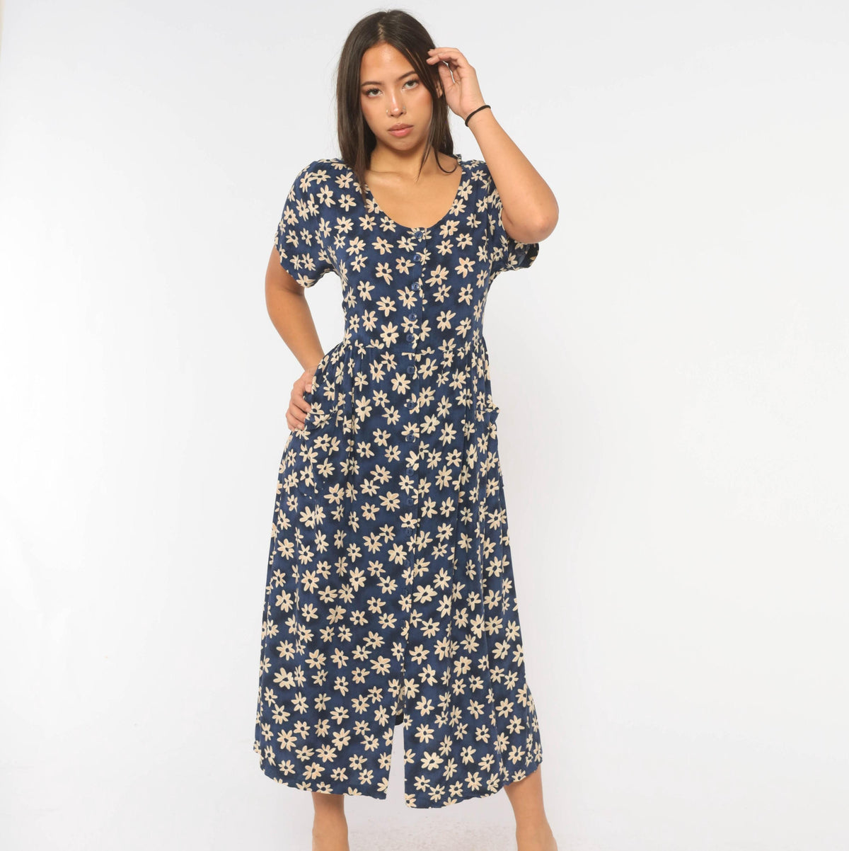 90s Erika & Co. Navy Daisy Midi Dress Cream Floral Button Front Medium M