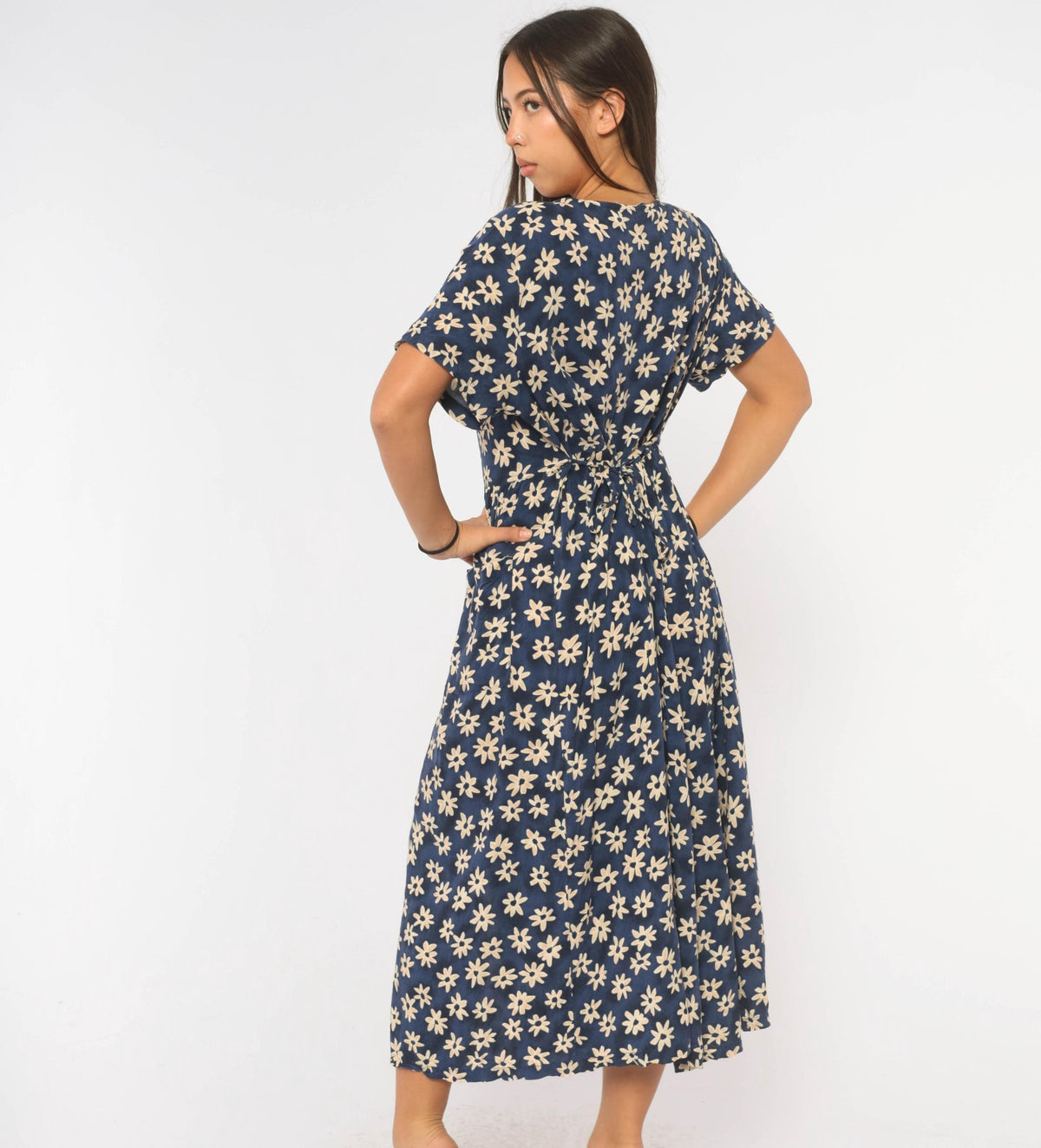 90s Erika & Co. Navy Daisy Midi Dress Cream Floral Button Front Medium M