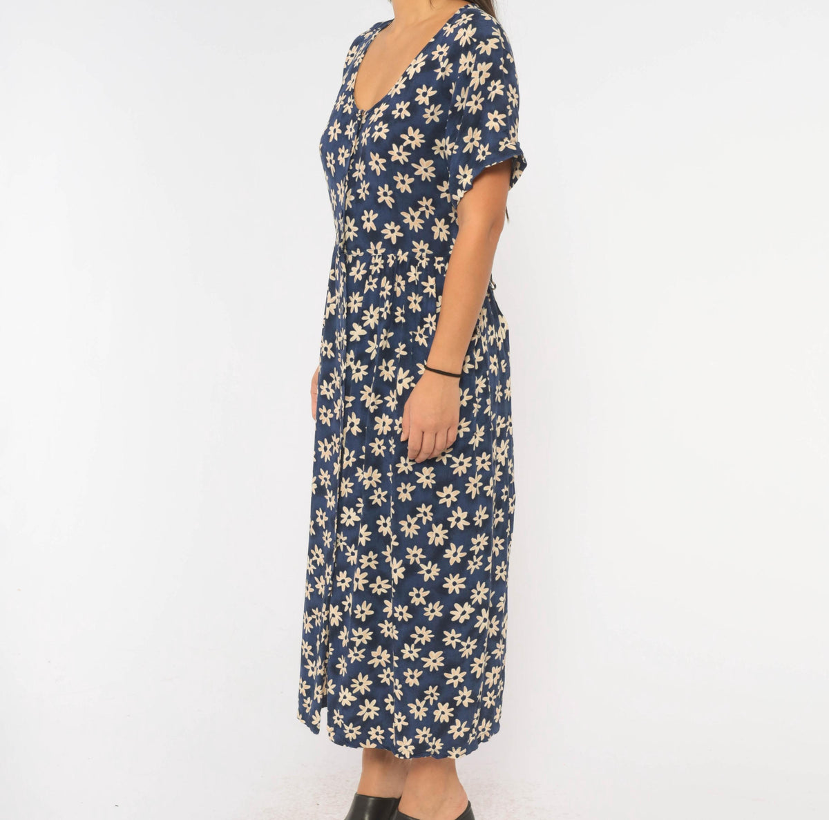 90s Erika & Co. Navy Daisy Midi Dress Cream Floral Button Front Medium M
