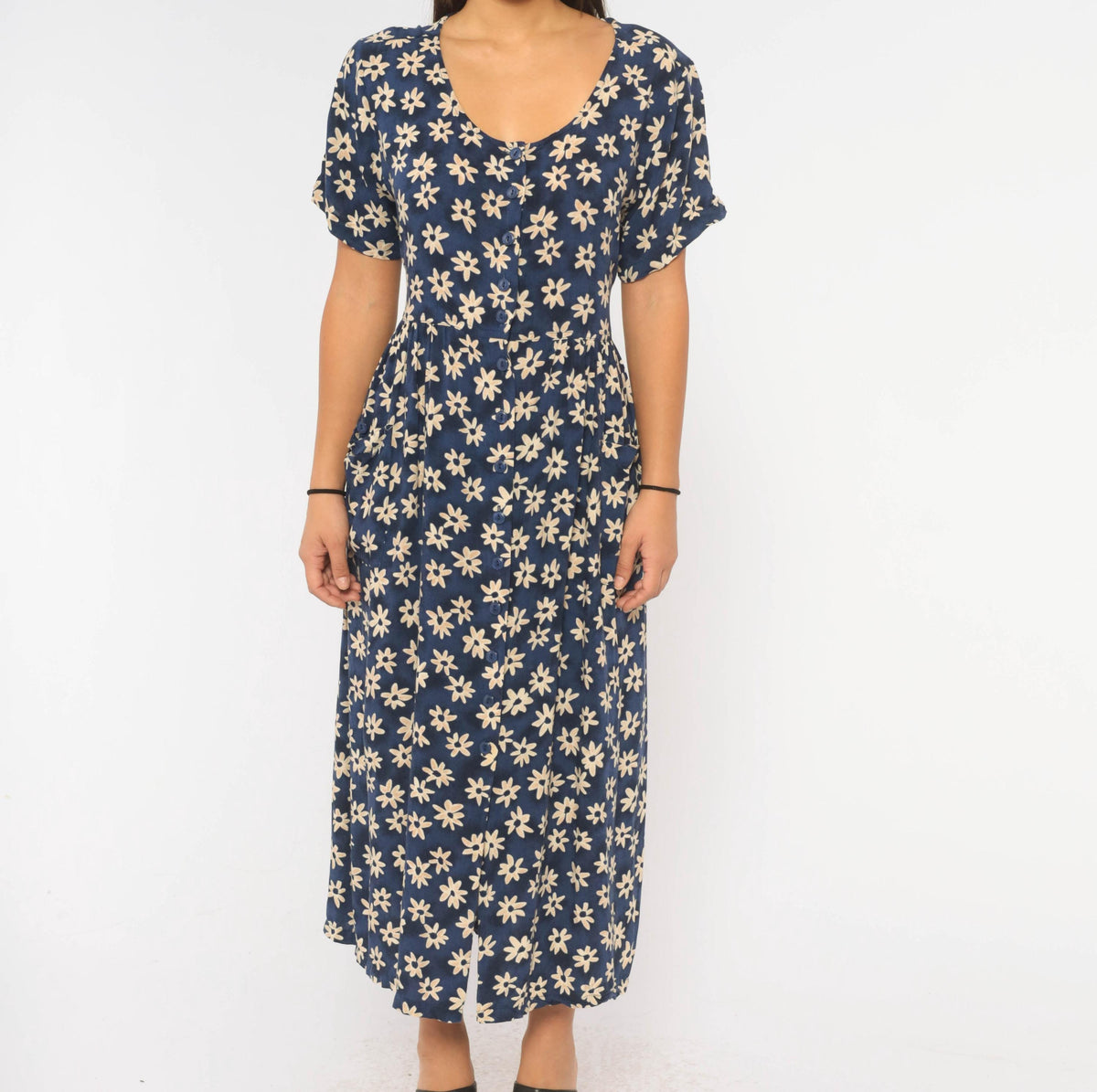 90s Erika & Co. Navy Daisy Midi Dress Cream Floral Button Front Medium M
