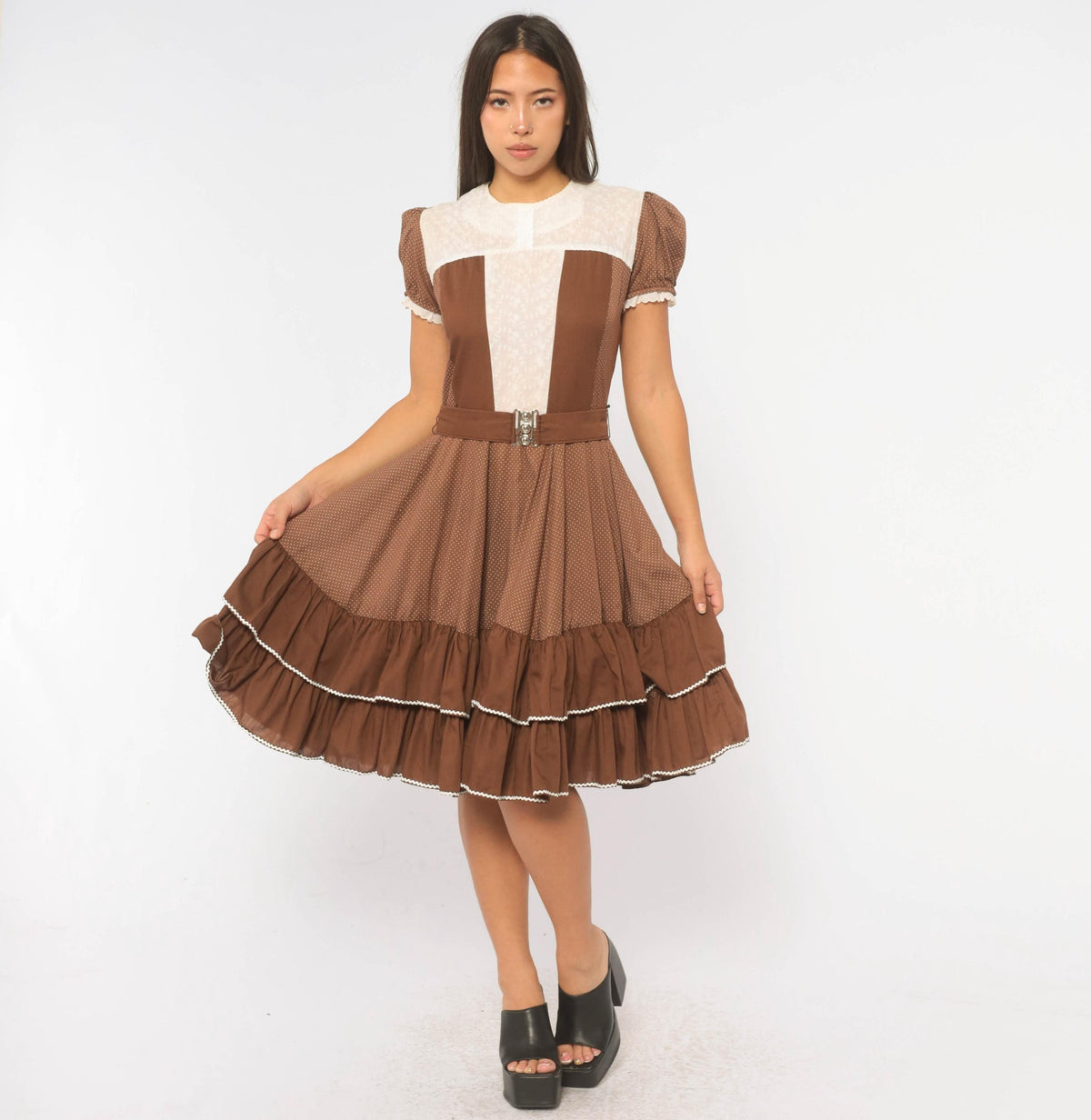 70s Kate Schorer Polka Dot Square Dance Dress Brown White Eyelet Puff Sleeve Medium