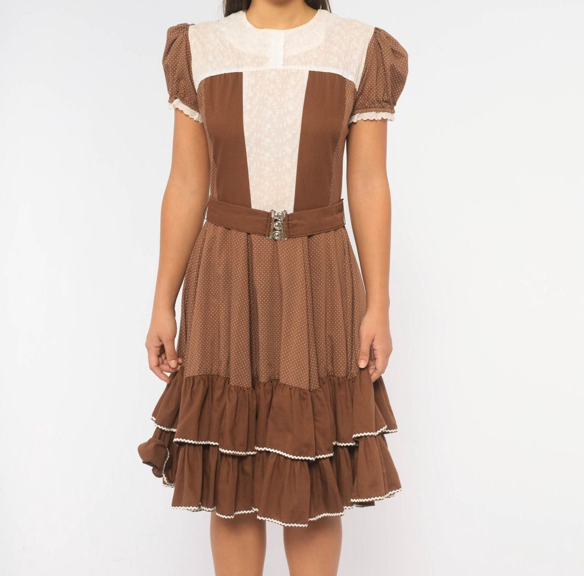 70s Kate Schorer Polka Dot Square Dance Dress Brown White Eyelet Puff Sleeve Medium