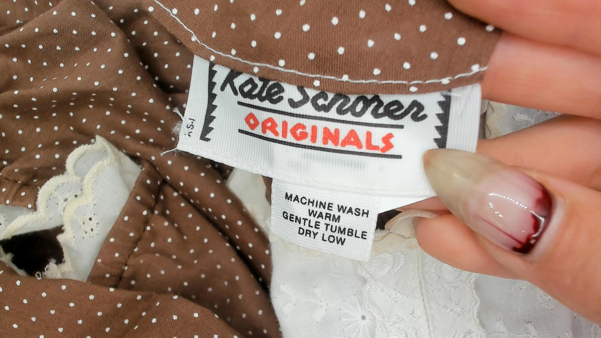 70s Kate Schorer Polka Dot Square Dance Dress Brown White Eyelet Puff Sleeve Medium