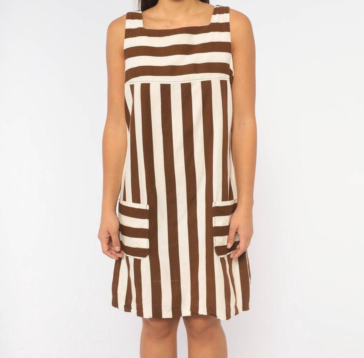 60s Brown Cream Striped Cotton Shift Dress Square Neck Patch Pocket Small