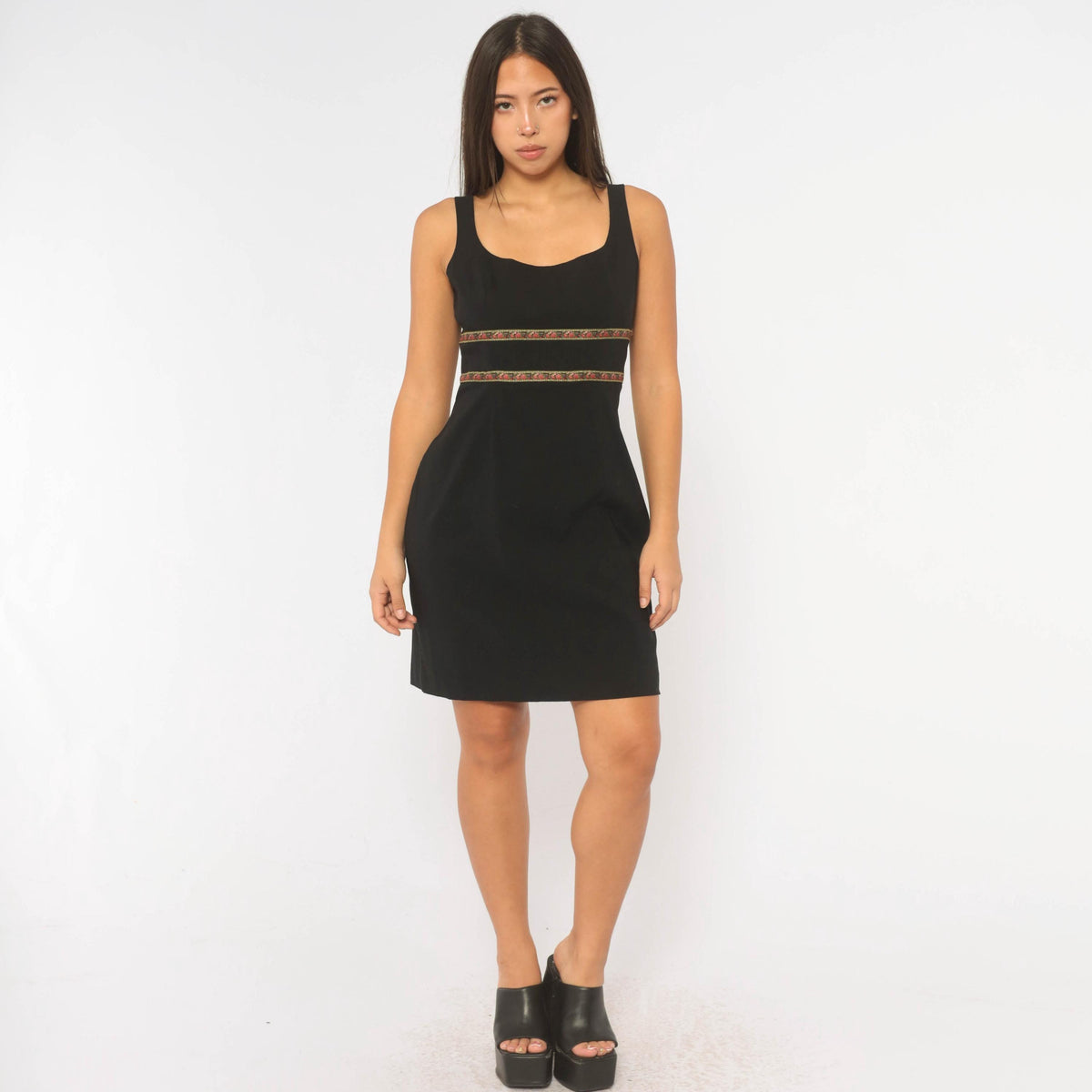 Y2K Express Black Mini Dress Floral Ribbon Tie Back Small S